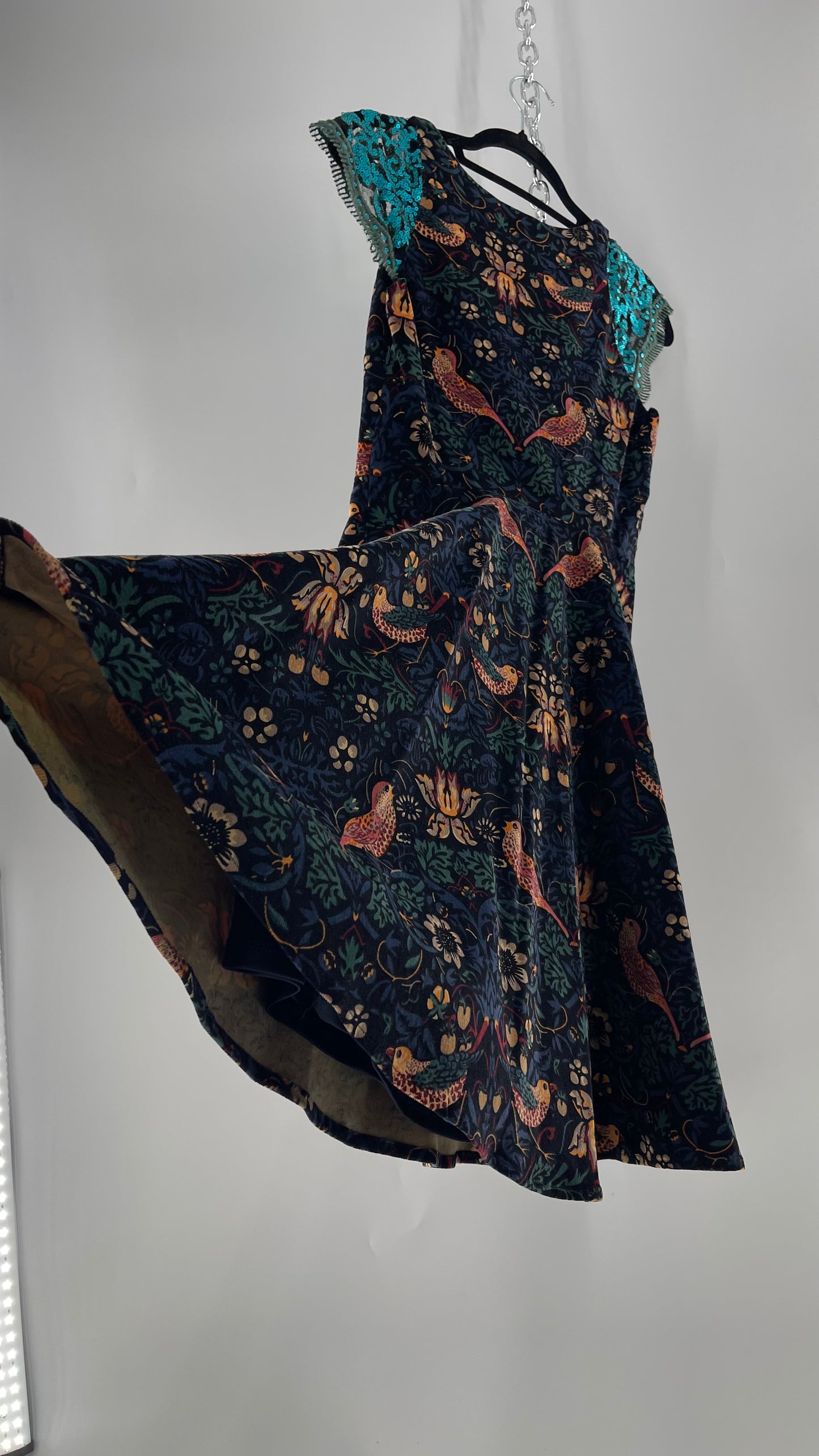 Anthropologie Eva Franco Corduroy Floral Bird Tapestry Print Dress with Sequin Cap Sleeves (4)
