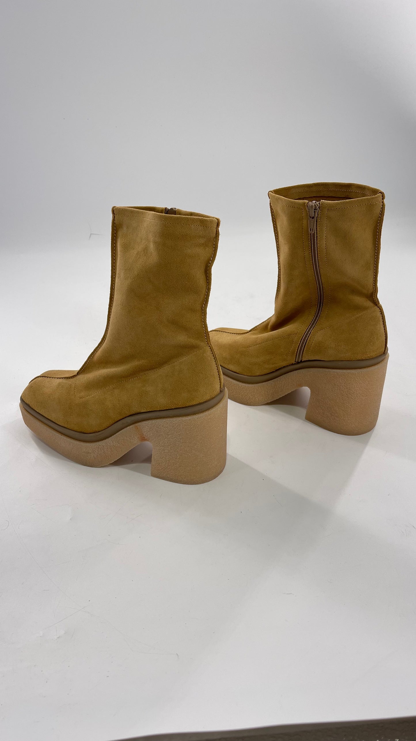 Free People Gigi Tan Suede Ankle Boots with Platform and Chunky Rubber Heel (38.5)
