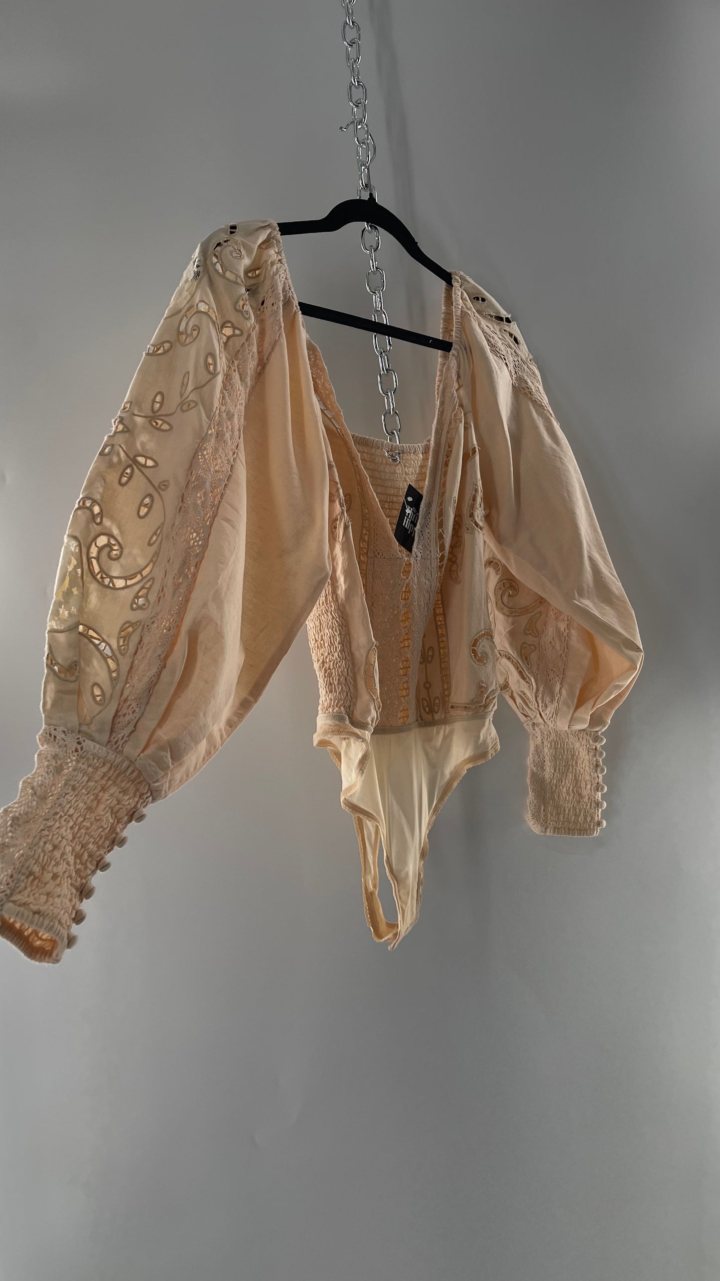 Free People Off White Cotton Bodysuit with Embroidered Lace Balloon Bishop Sleeve and Smocked, Buttoned Cuffs (Large)