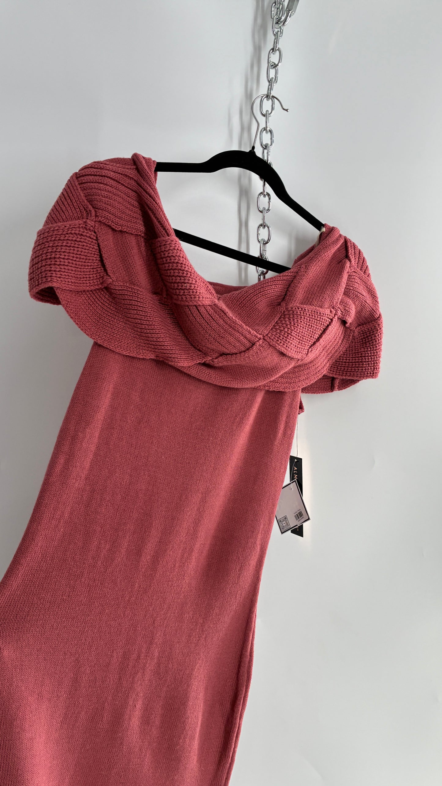 Vintage ALMOST FAMOUS Rosy Mauve Knit Dress with Woven Braided Off the Shoulder Detail and Tags Attached (Large)