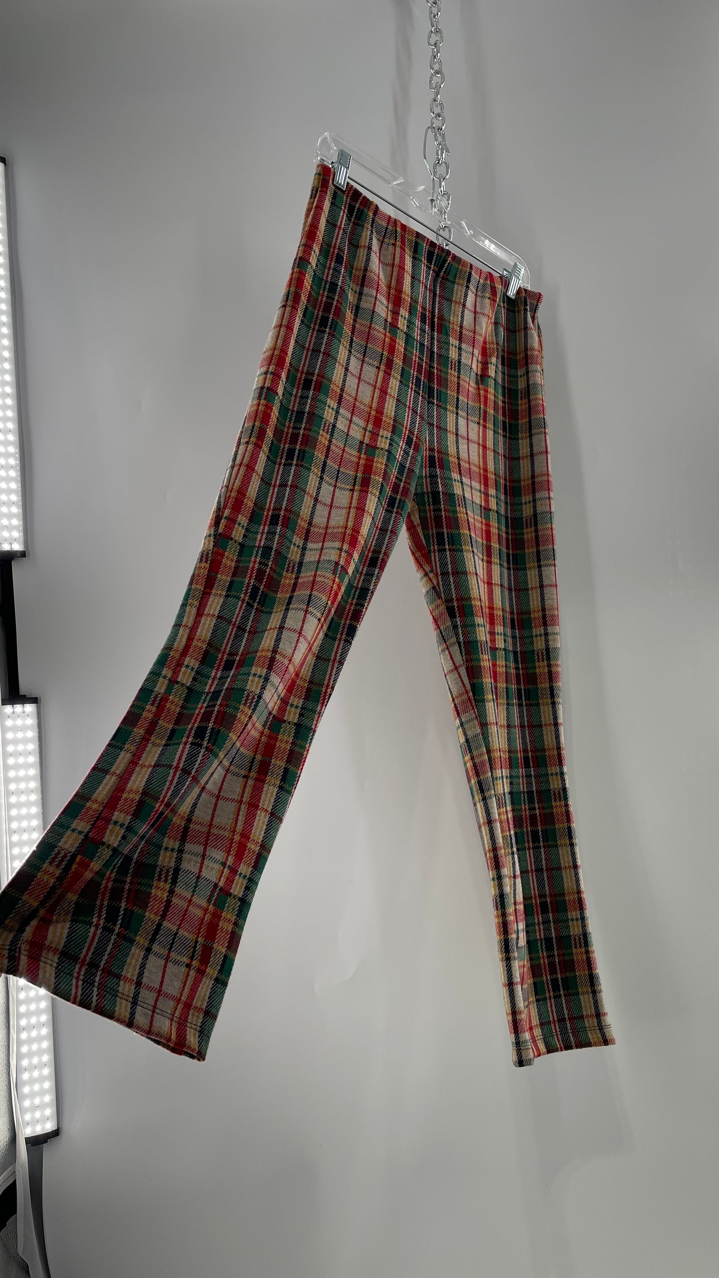 Free People Red\Green Plaid Knit Straight Leg Pants with Elastic Waist ( L)