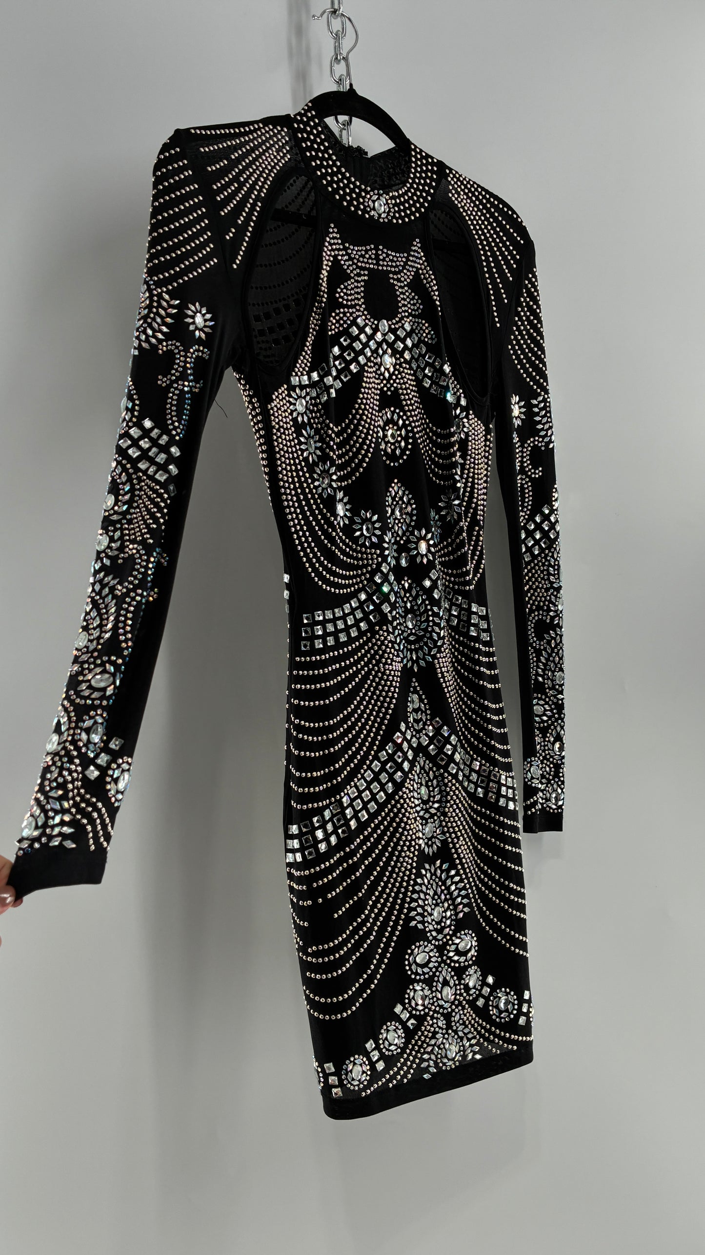 Black Bedazzled Mini Dress with Cut Out Details Covered in Gems (Small)