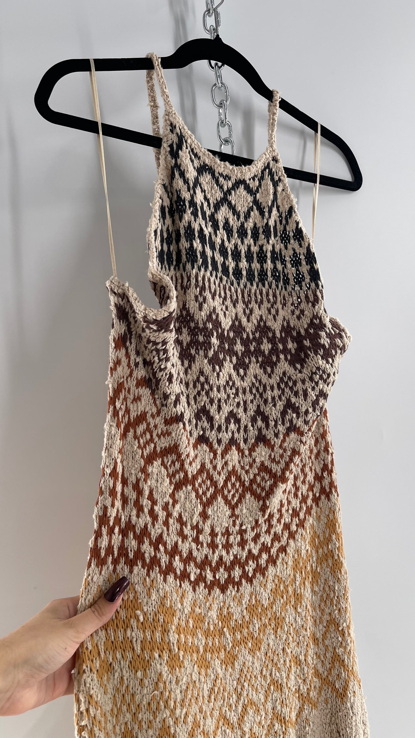 Free People Beige Ikat Oasis Knit Halter Maxi Dress (Small)