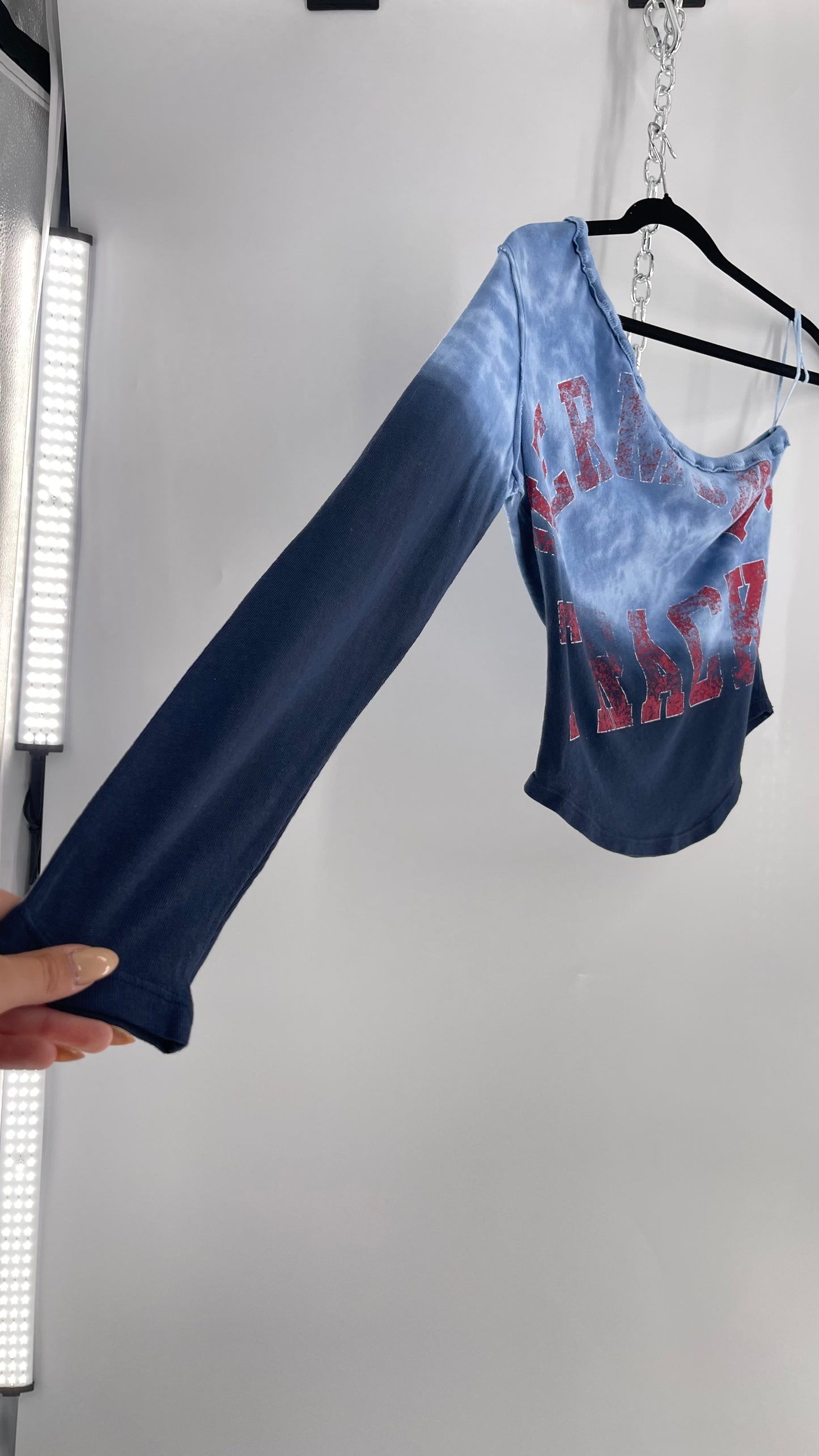 Free People Blue Ombre Tie Dye One Sleeve Top with Track Graphic (Small)