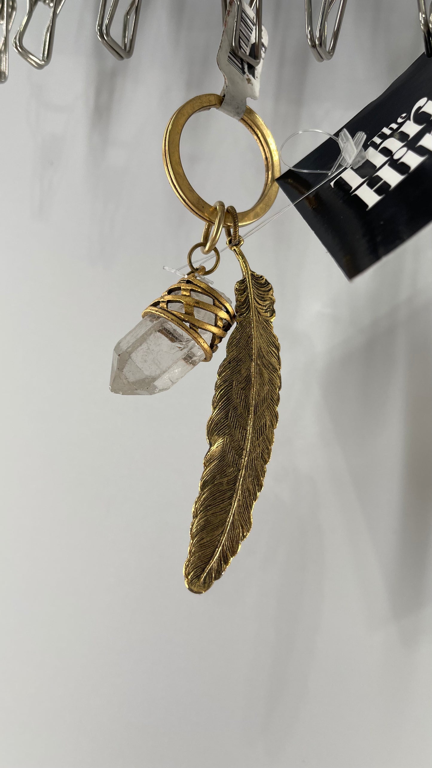 Free People Gold Metal Crystal Keychain with Feather