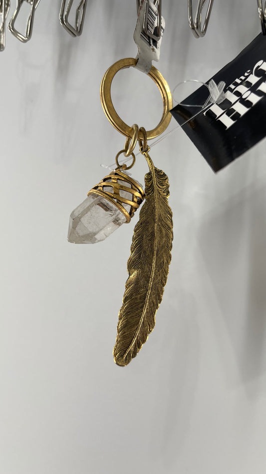 Free People Gold Metal Crystal Keychain with Feather