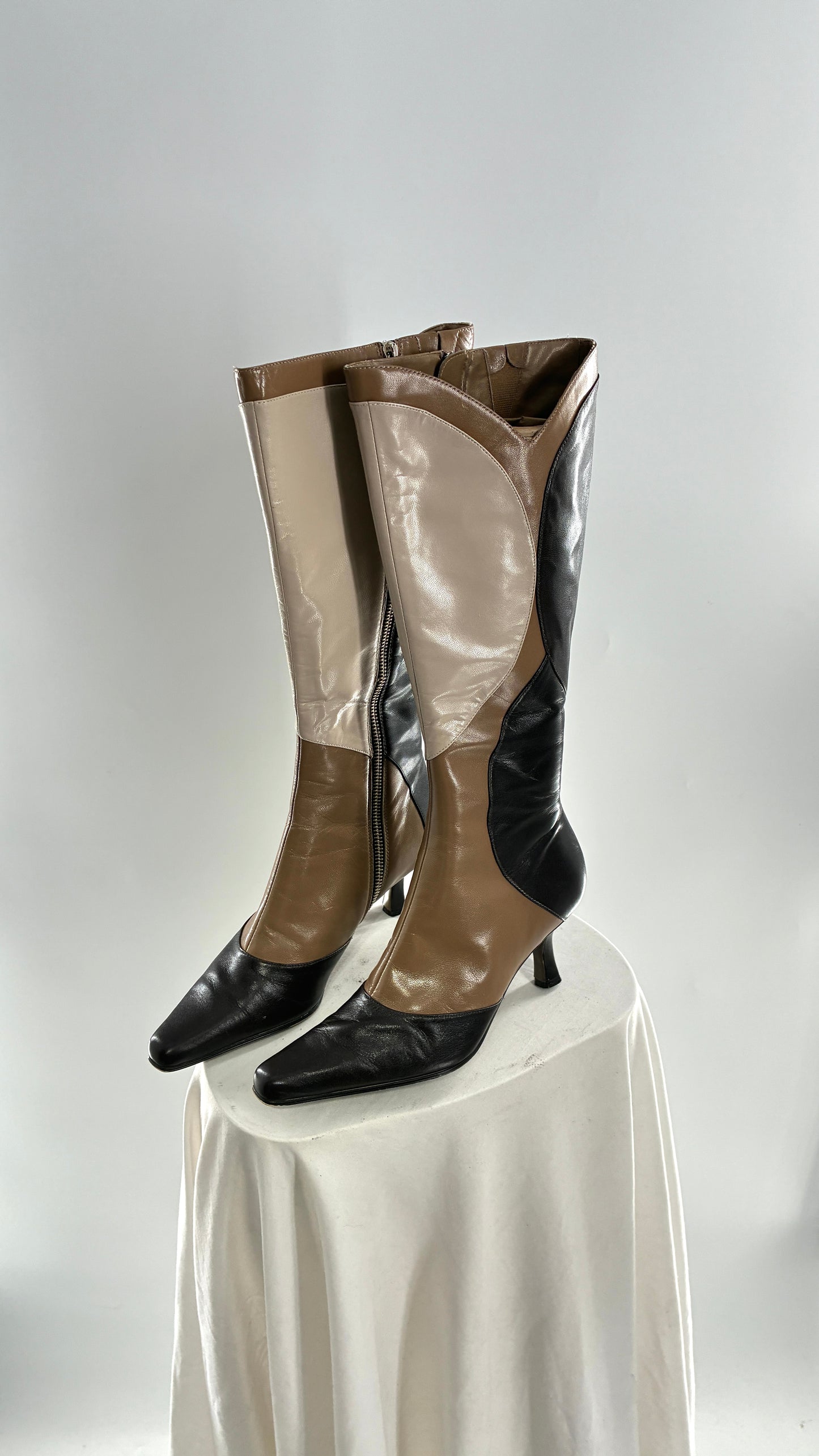 Vintage ANN MARINO Knee High Pointed Toe Abstract Patchwork Boots (6.5)