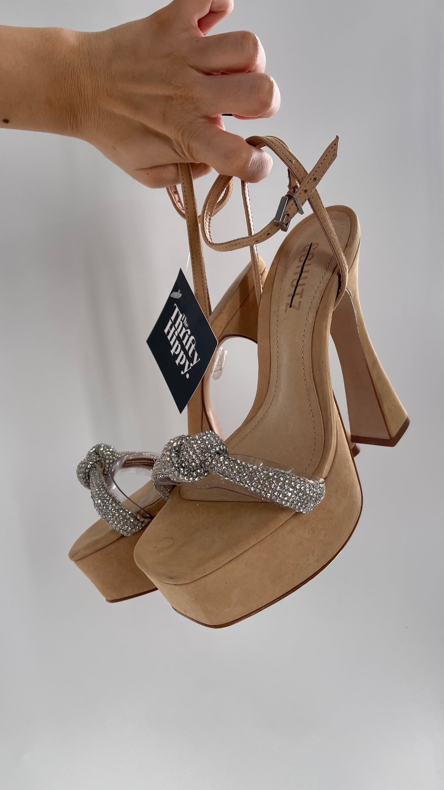 SCHÜTZ Peaky Beige/Tan/Nude Platform Heel with Funky Heel and Clear Knot Rhinestone Toe Strap (6)