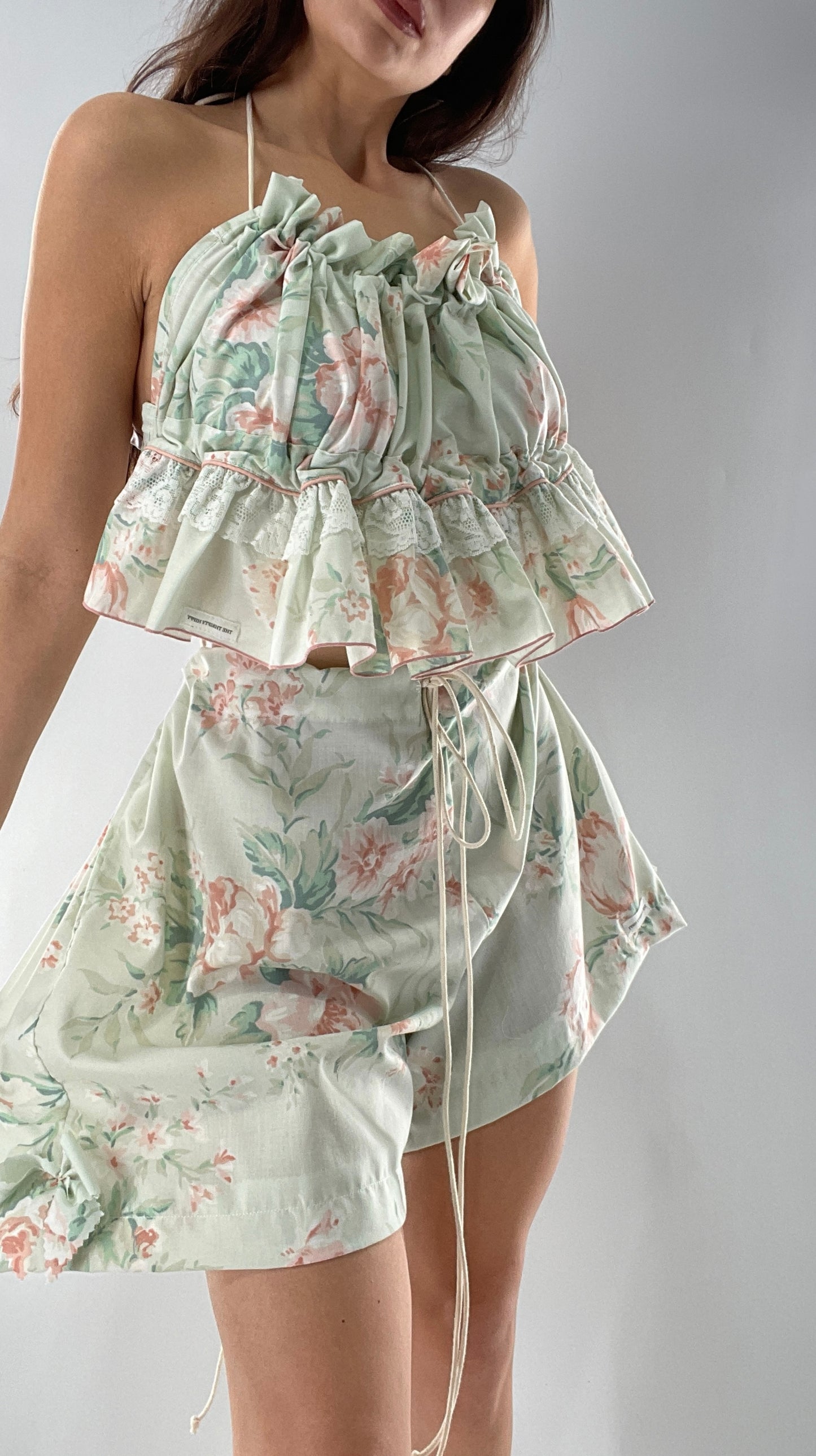 Vintage 2 Piece Bloomers and Babydoll Blouse Set Covered in Delicate Florals, Ruffles, Bows and Lace (One Size)