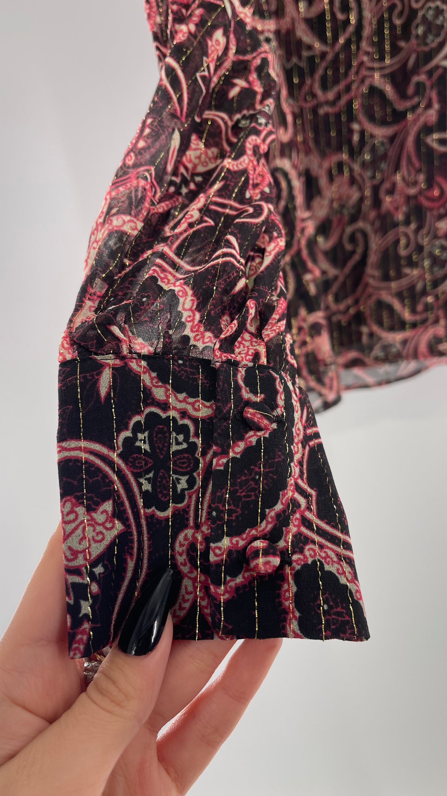 Kachel 95% Silk Black Paisley Blouse with Gold Tinsel Bessie Anthropologie (6)