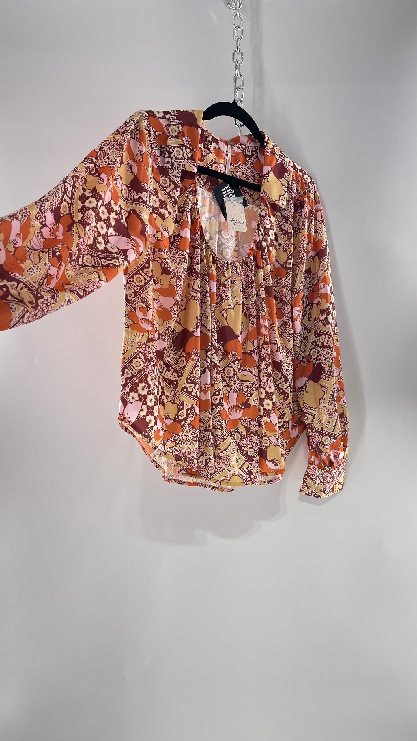 Free People All Over Mixed Warm Toned Satin Blouse with Pleated/Draping Neckline and Collar, Tags Attached (Small)