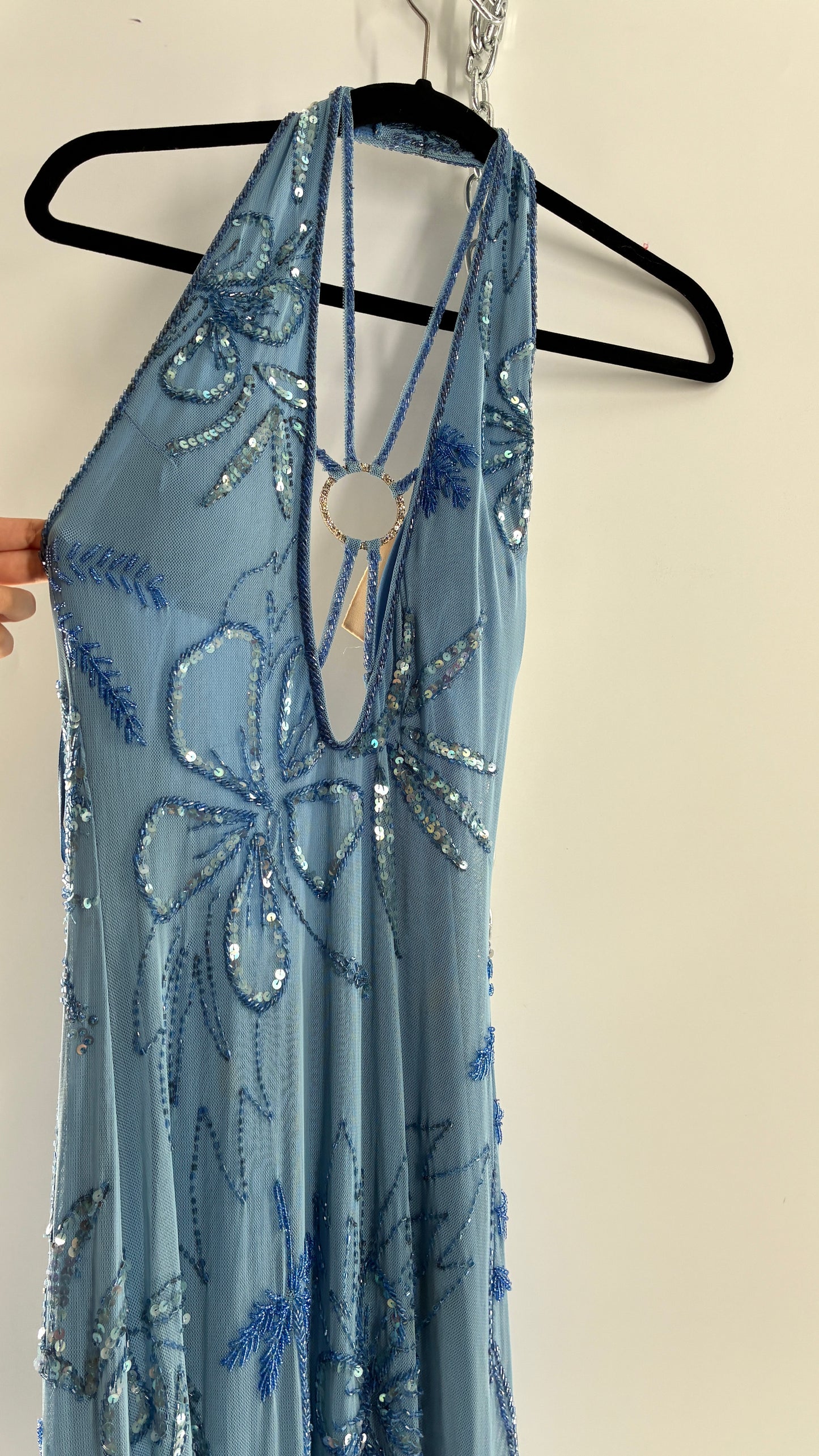 Vintage 1990s Powder Blue Gown Covered in Beaded Appliqué Tropical Designs with Strappy Bust and Low, Open Back (S/M, stretchy no size marked)