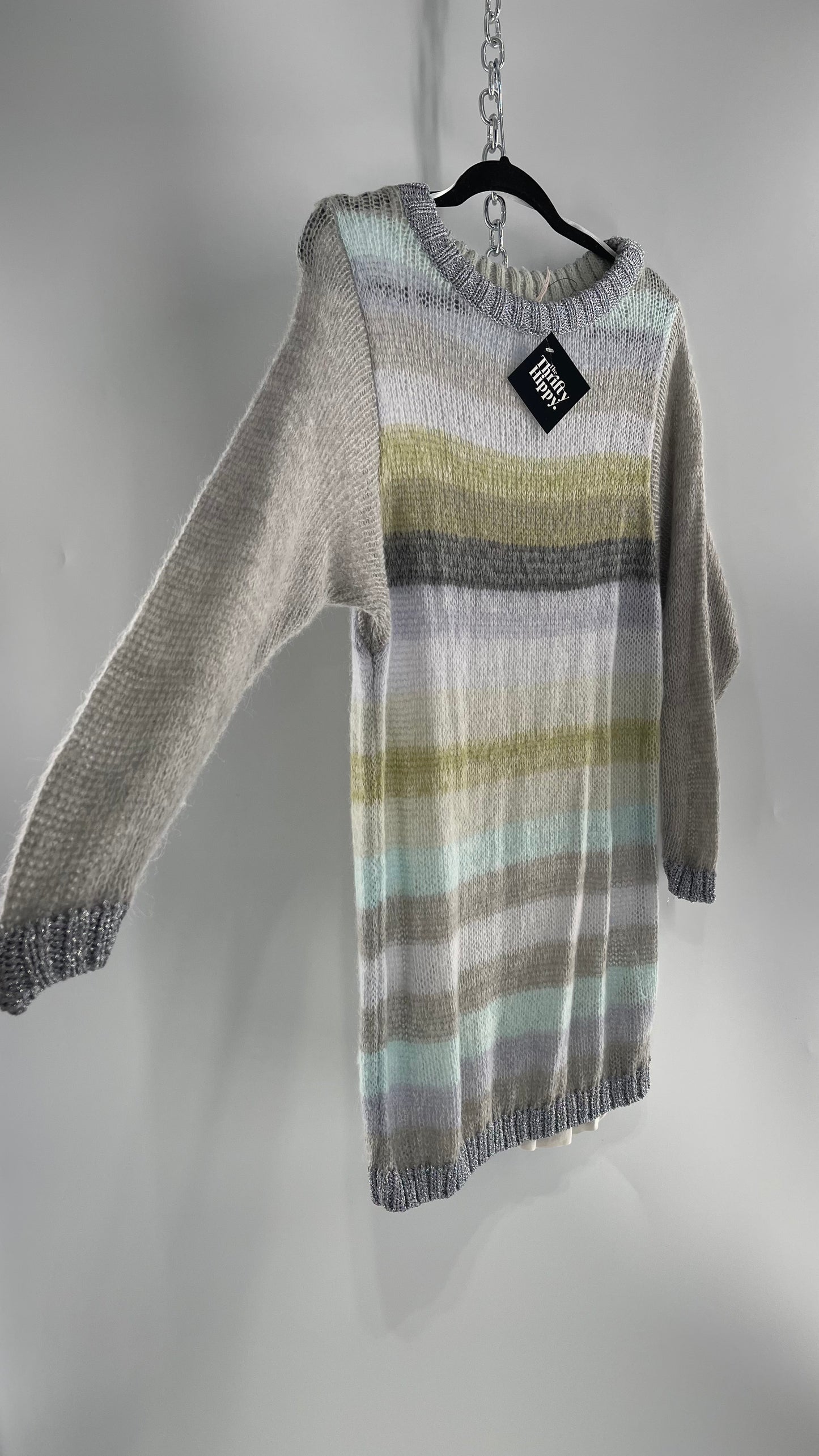 Free People Striped Sweater with Glitter Knit Cuffs and Collar (XS)