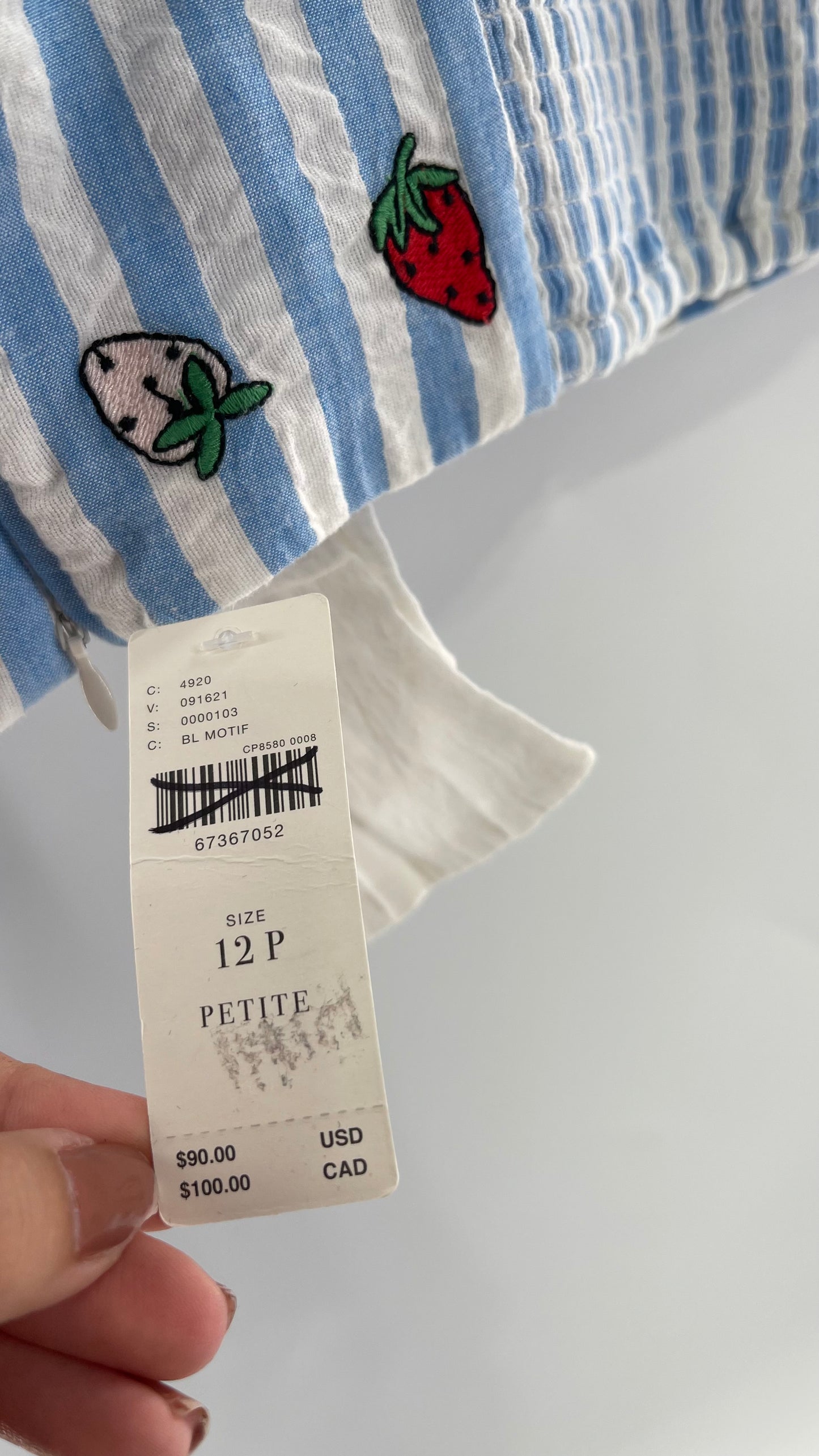 Maeve Anthropologie Baby Blue White Striped Corset Like Crop with Embroidered Strawberries (6)