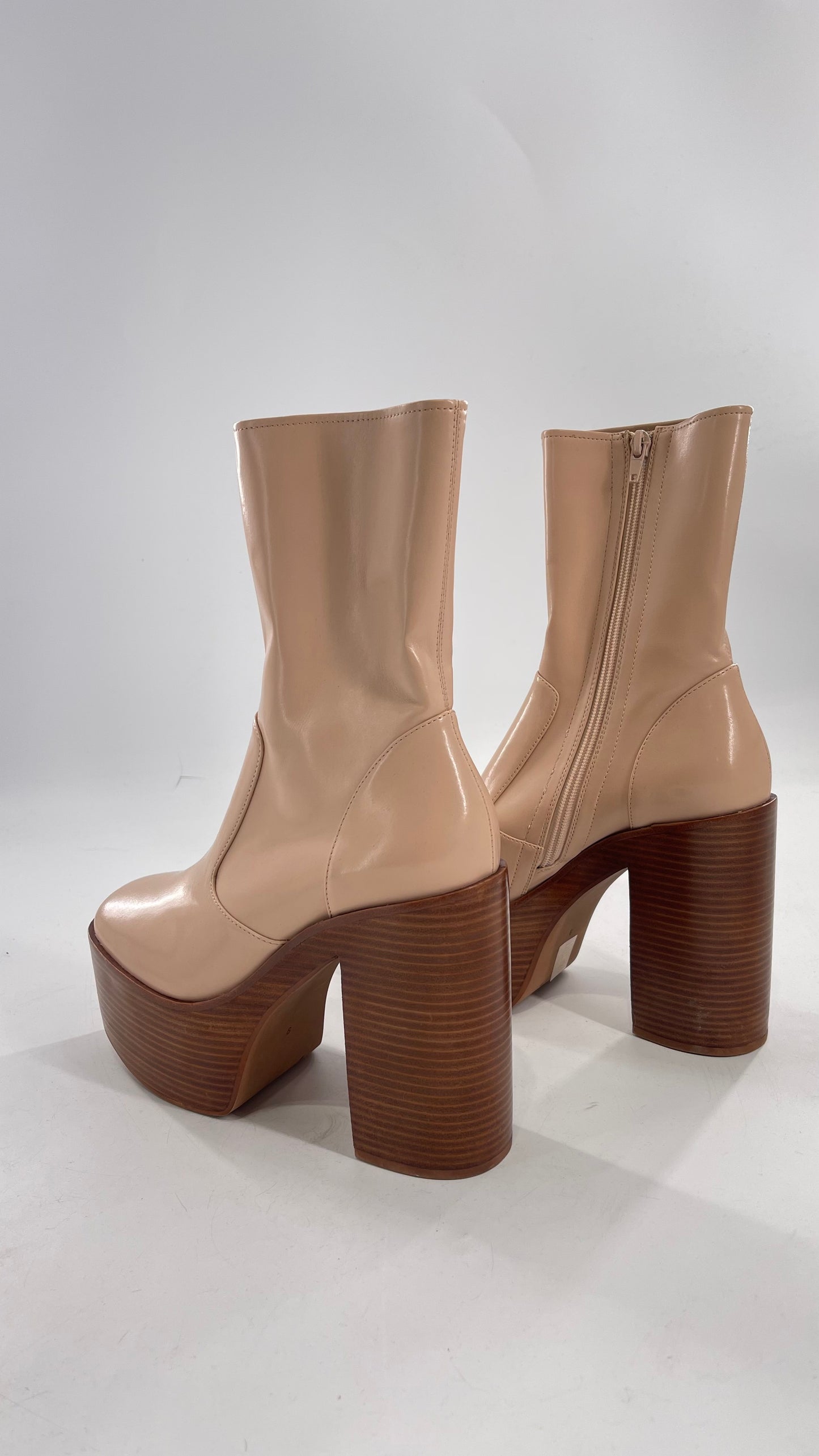 Free People X Jeffrey Campbell Mexique GoGo Boots • Beige Patent Boot with Wood Grain Chunky Block Heel and Platform (9)