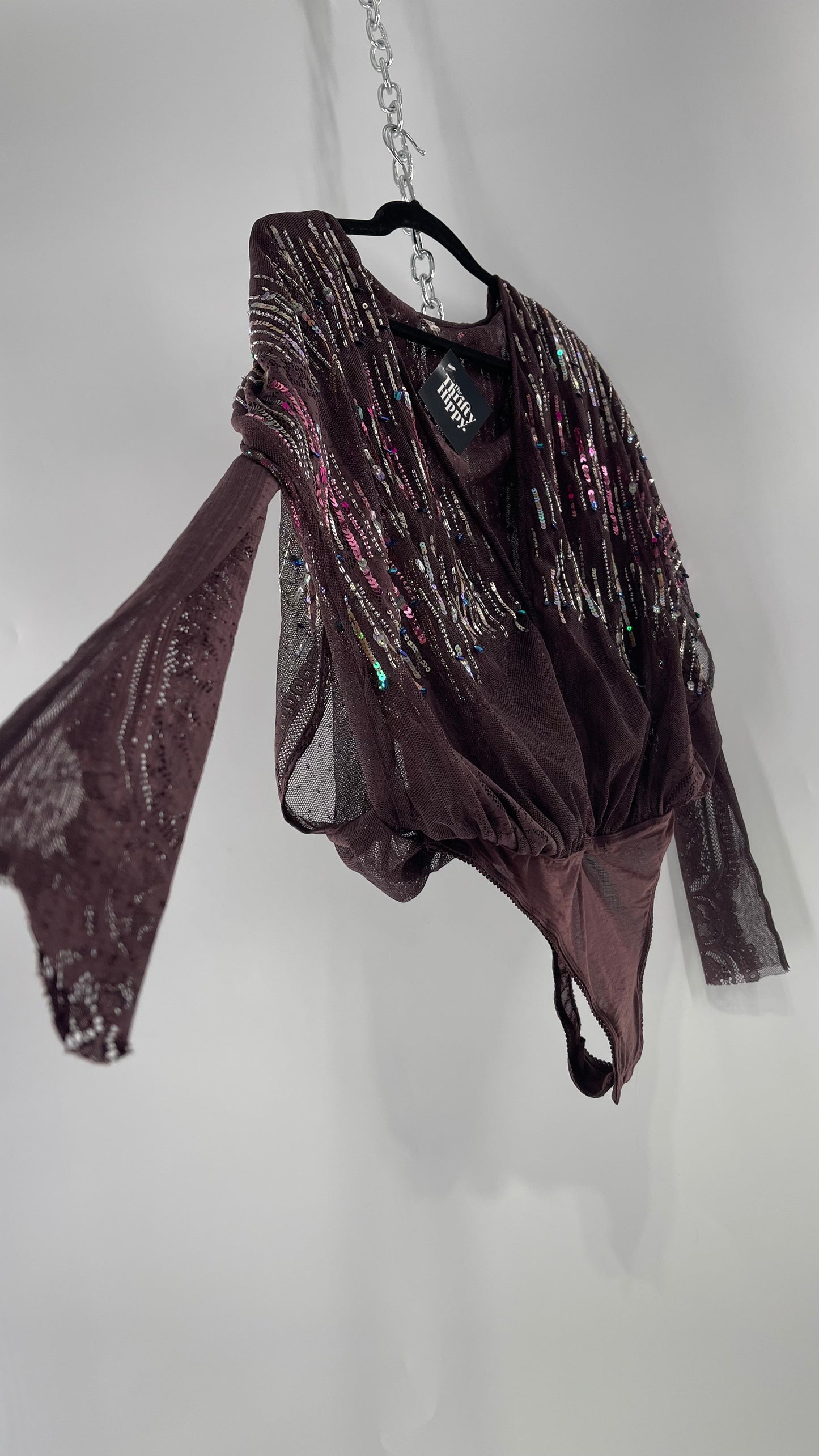 Intimately Free People Plum Mesh Bodysuit with Lace Sleeves and Beaded/Sequined/Embellished Body (Medium)