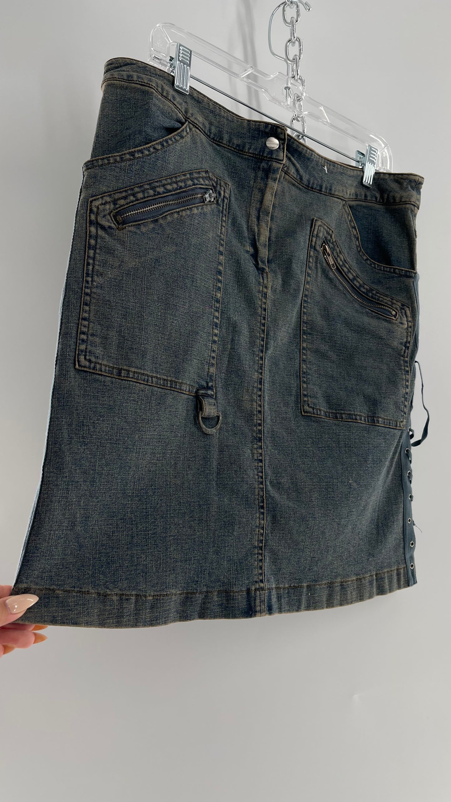 Vintage More Feminine w/o Limits Denim Skirt with Grommet Lace Up Sides and Fade (42)