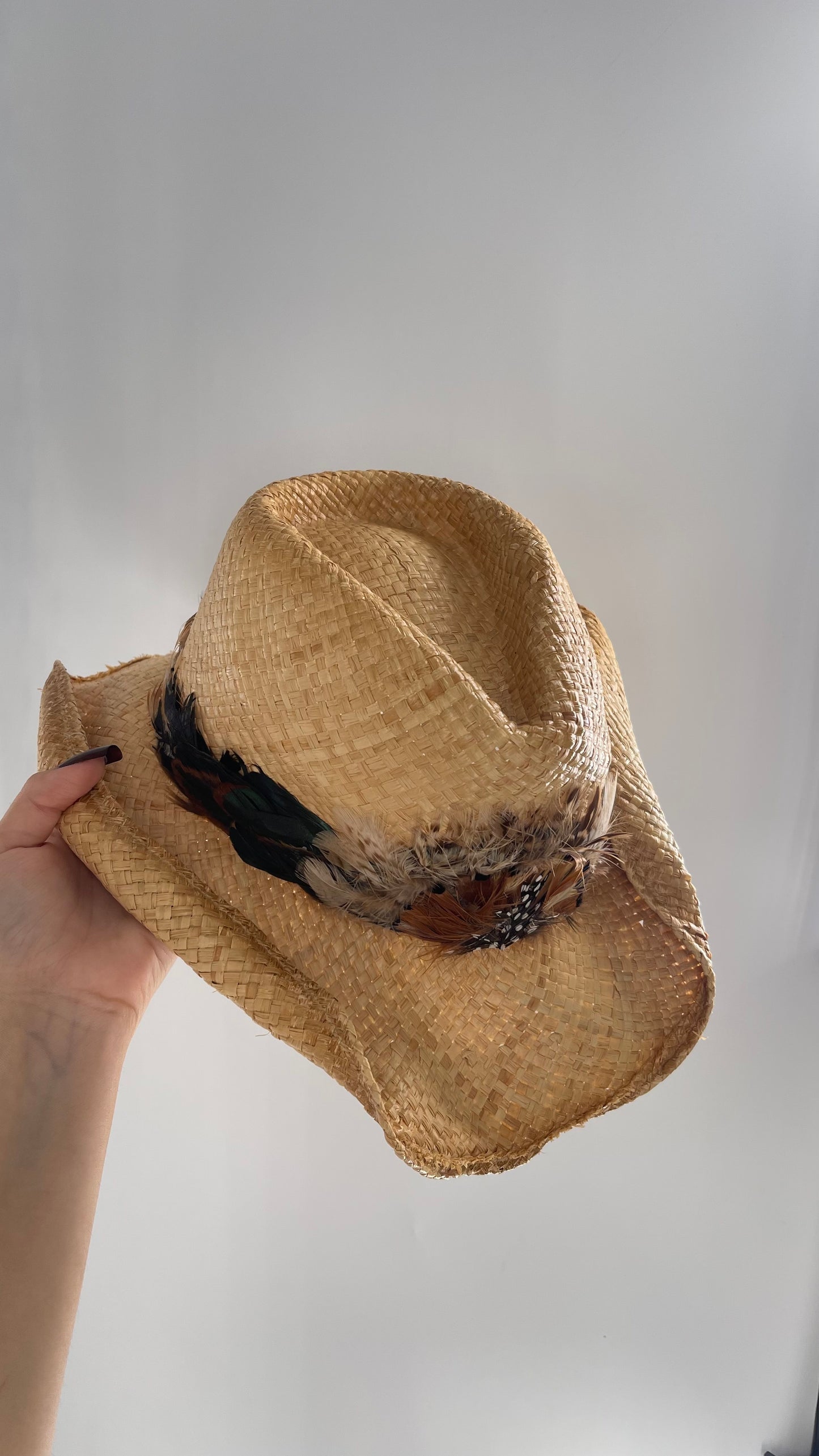 Vintage Straw Hat with Feather Band