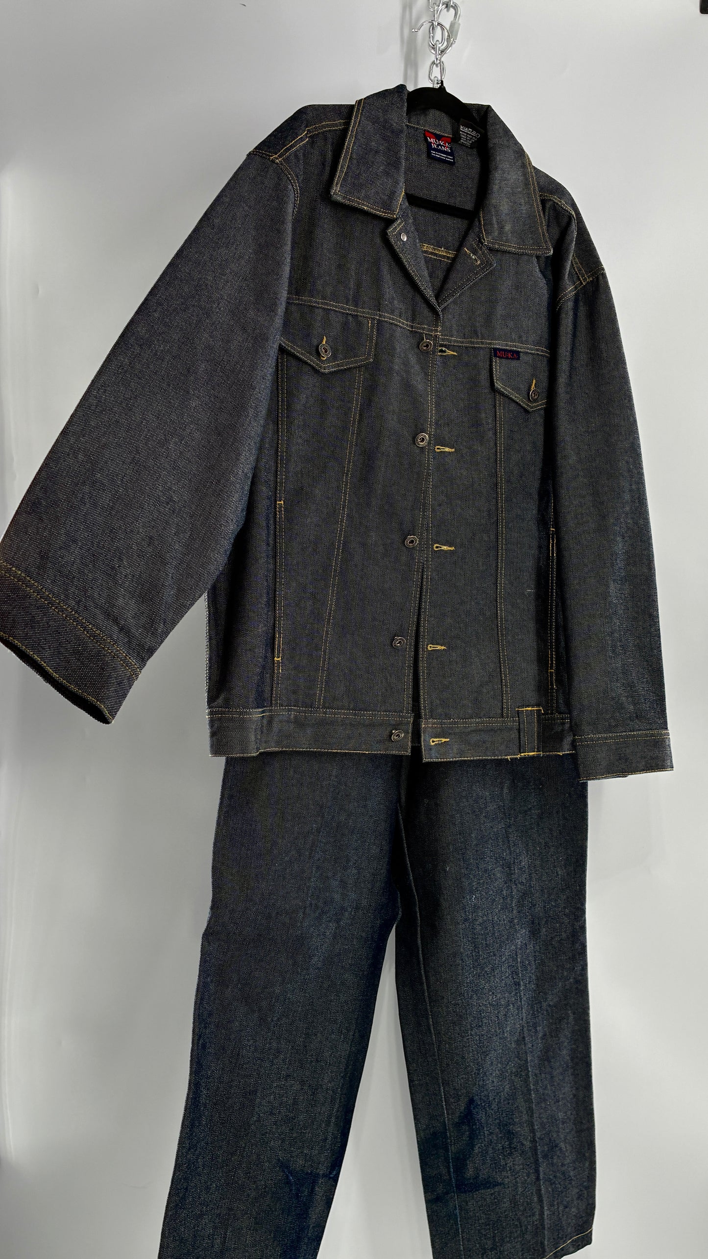 Vintage 1990s MU:KA: JEANS Men’s Dark Wash Japanese Style Denim Baggy Straight Legs and Oversized Jacket Set (L, 32x32)