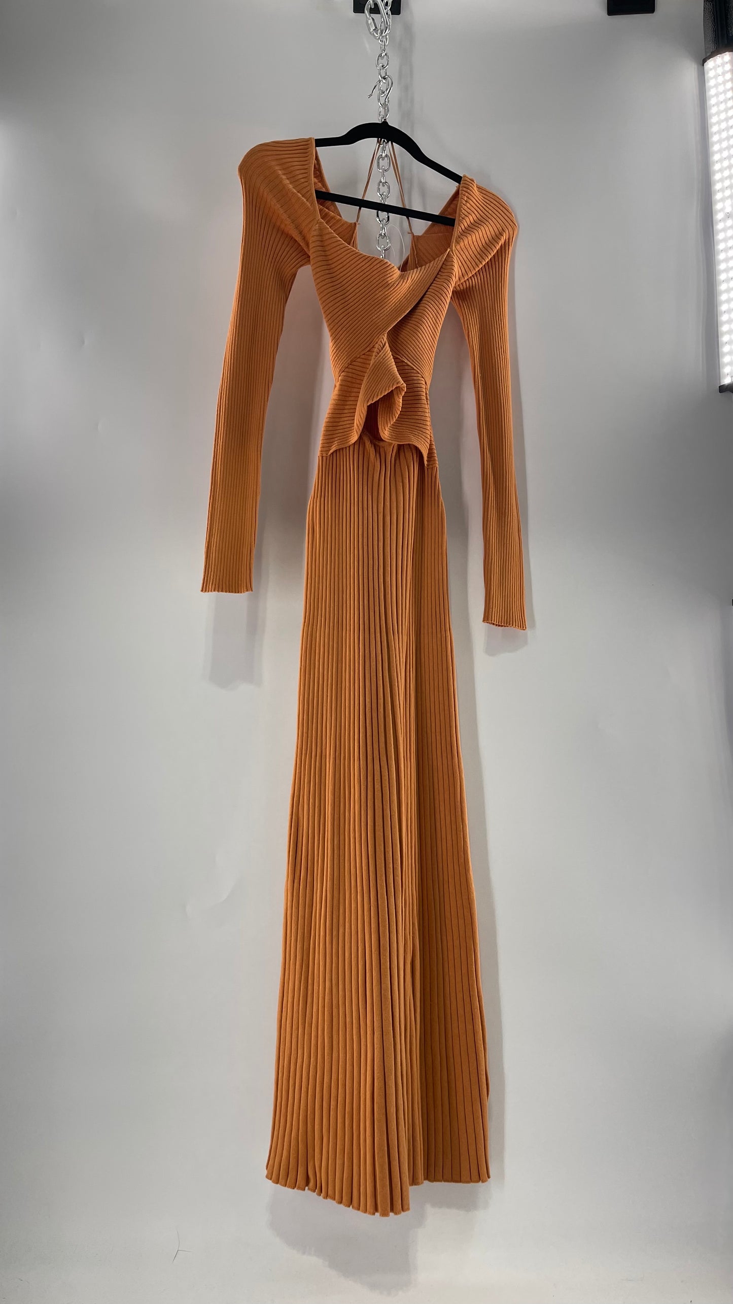 Free People Orange Knit Maxi Dress with Bandage Bust and Exposed Cut Out Midriff (Medium)