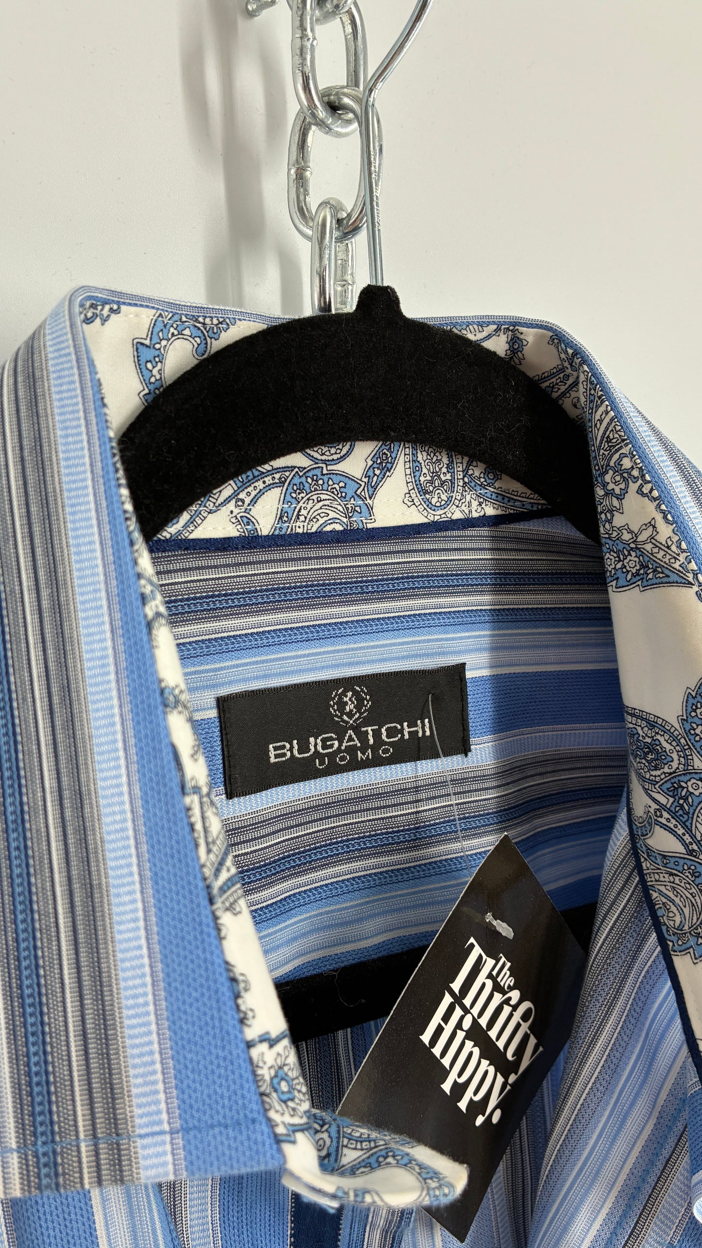 Vintage 1990s Bugatchi Men’s Blue Striped Button Up with Paisley Cuffs (Large)