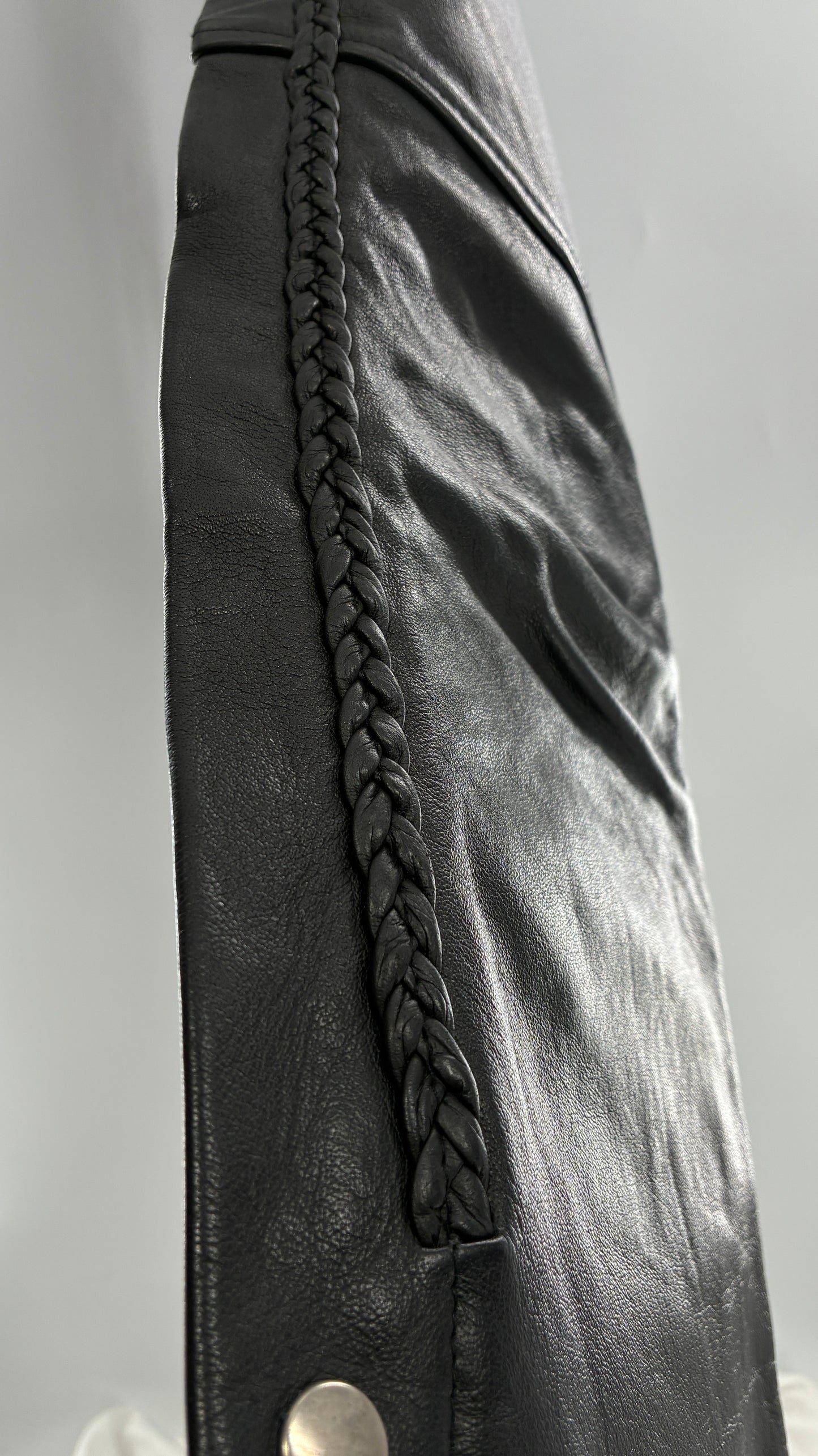 Vintage AMERICAN LEATHER Black Motorcycle Chaps/Pants with Mini Pocket, and Side Zipper Detailing (XS)