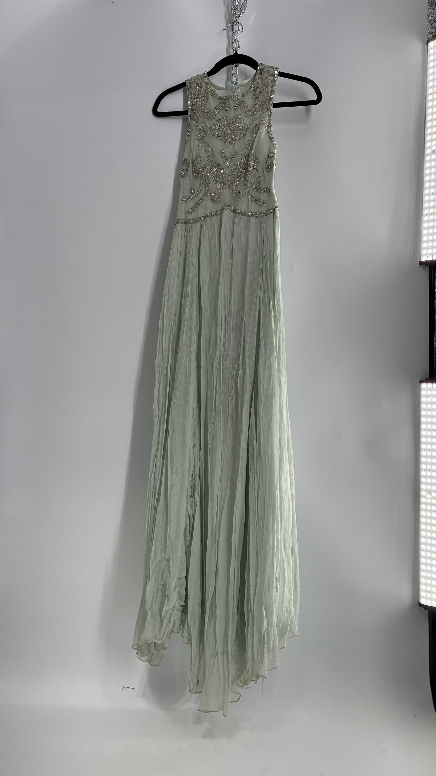 KIMCHI BLUE Light Greyish Seafoam Green Crimped Gown with Beaded Bodice and Sheer Back (2)