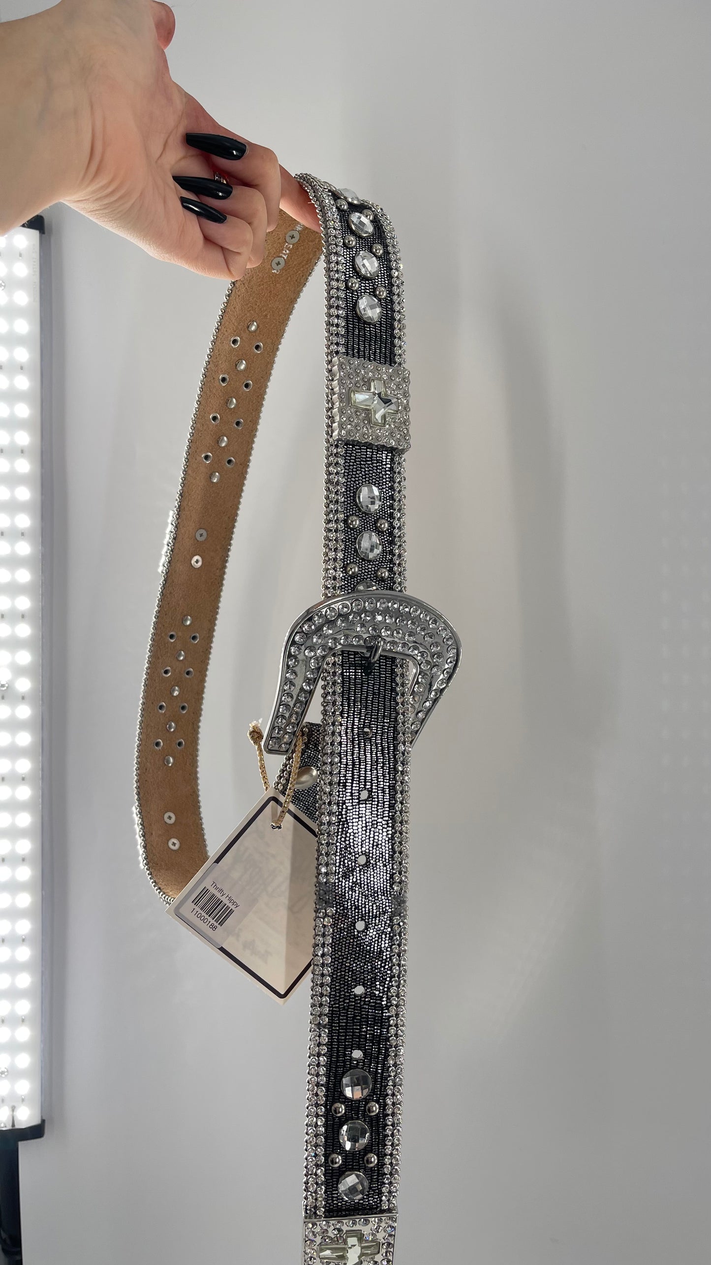 Free People Dark Silver Metallic Snake Print Belt covered in Crystal Embellishments and Heavy Metal Crosses (M)