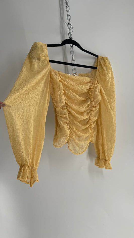 ASTR the Label Yellow Bubble Sleeve Ruched Bodice Blouse (Medium)