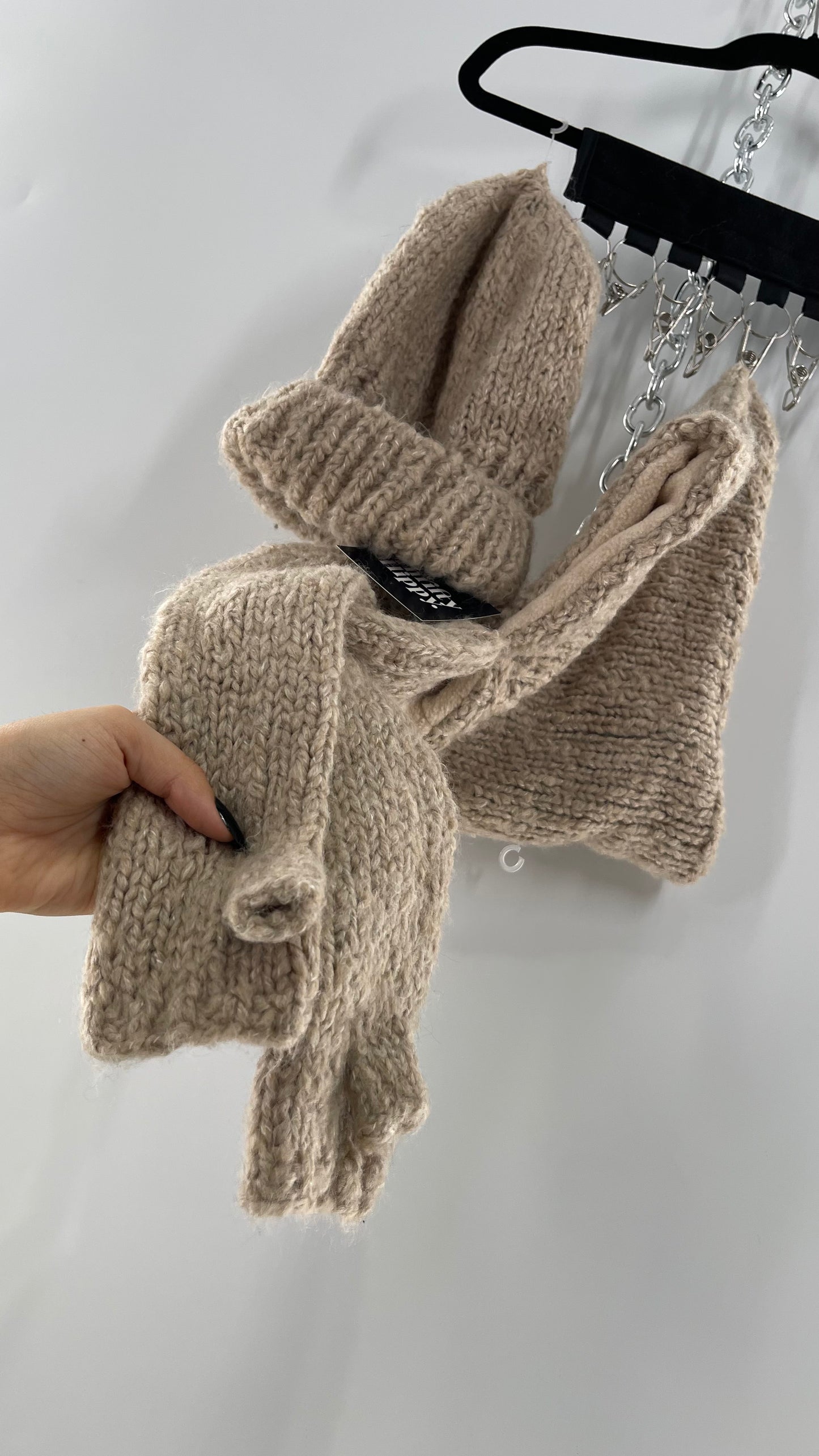 Free People Beige/Tan Knit Gloves, Hat and Scarf Set