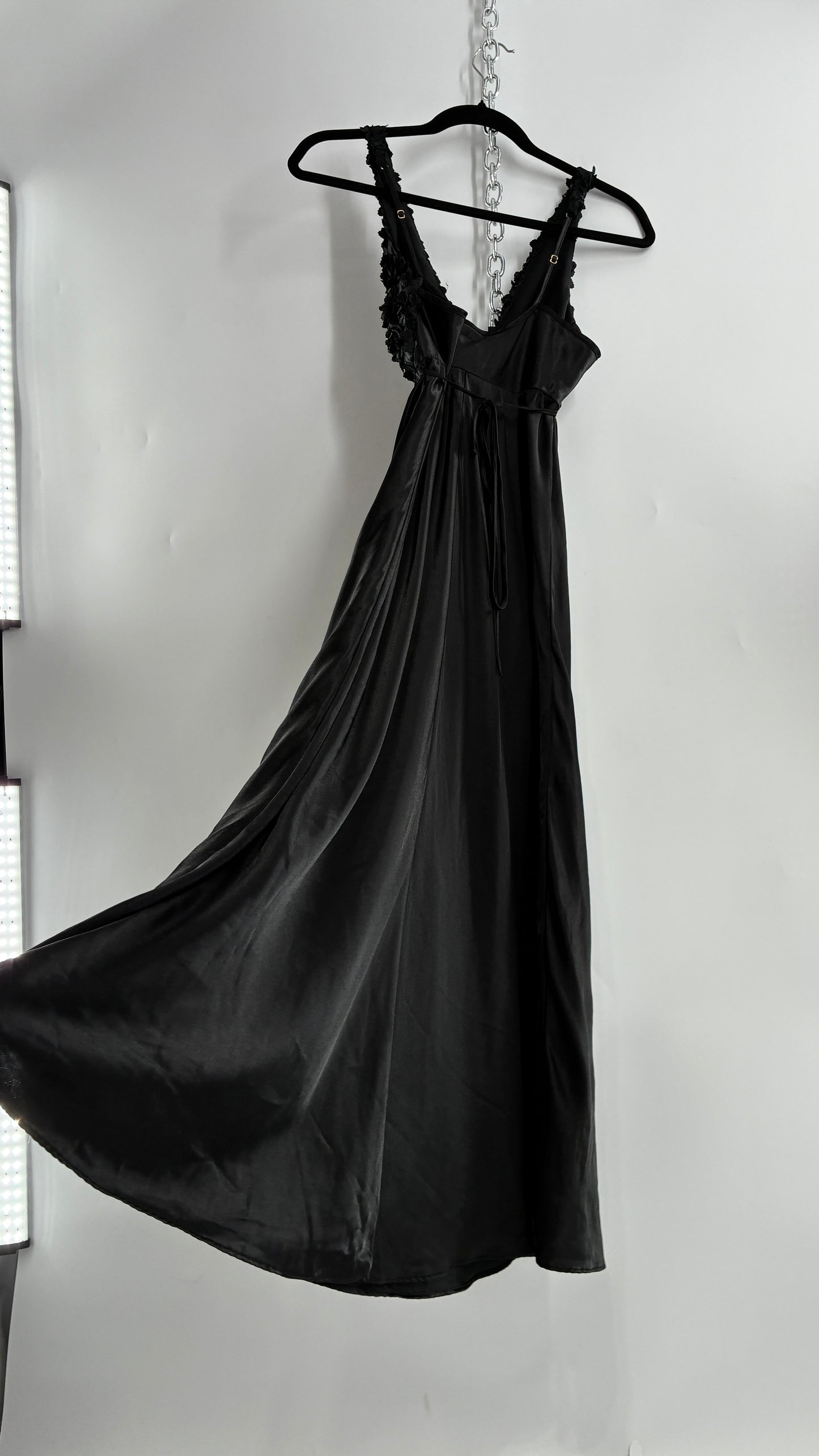 Vintage FLORA Black Slip Gown with Textured Floral Bust (Small)