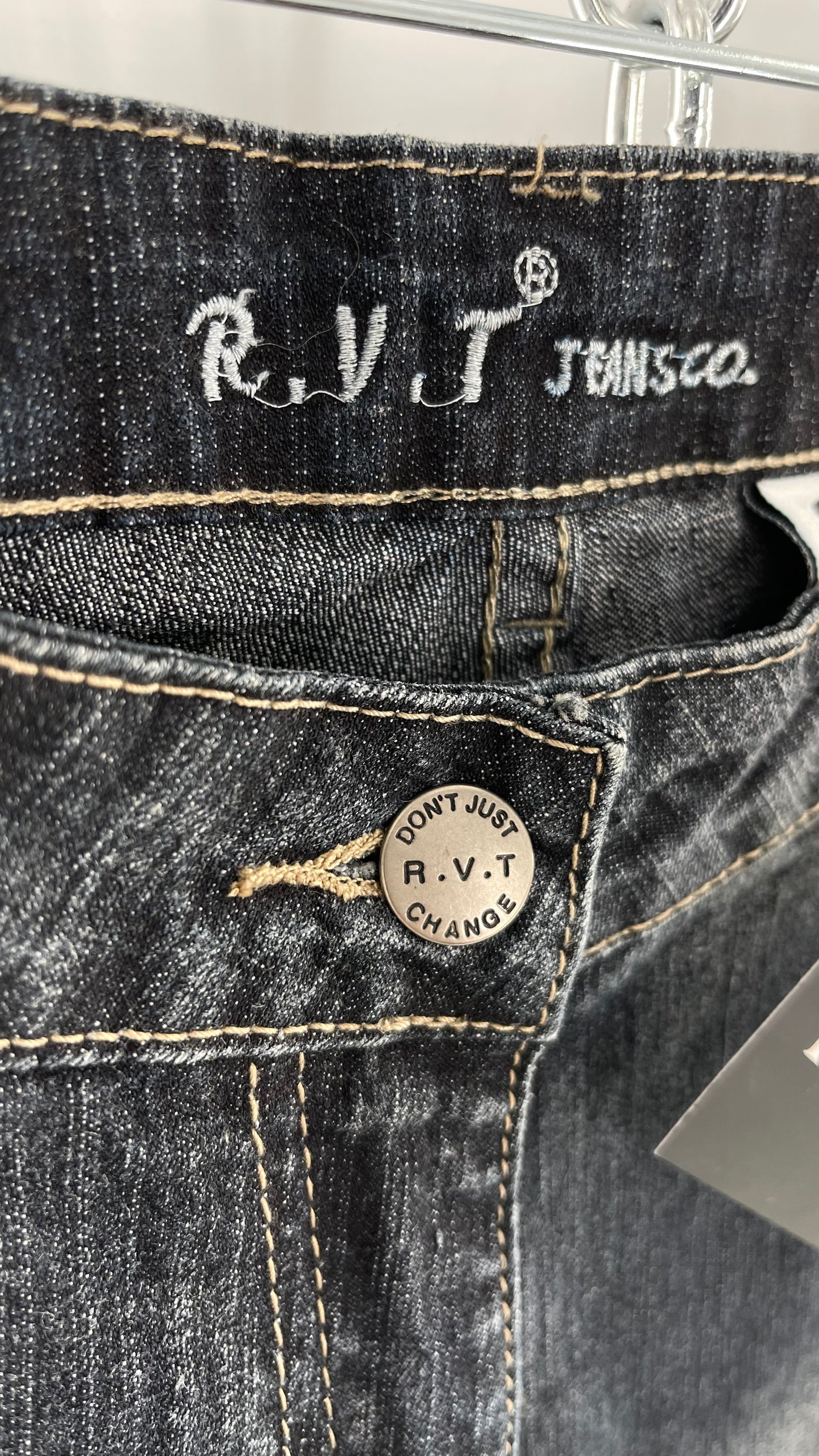 Vintage RVT Grey Kickflare Jeans with Butterfly Embroidery and Rhinestone Embellishment (9/10)