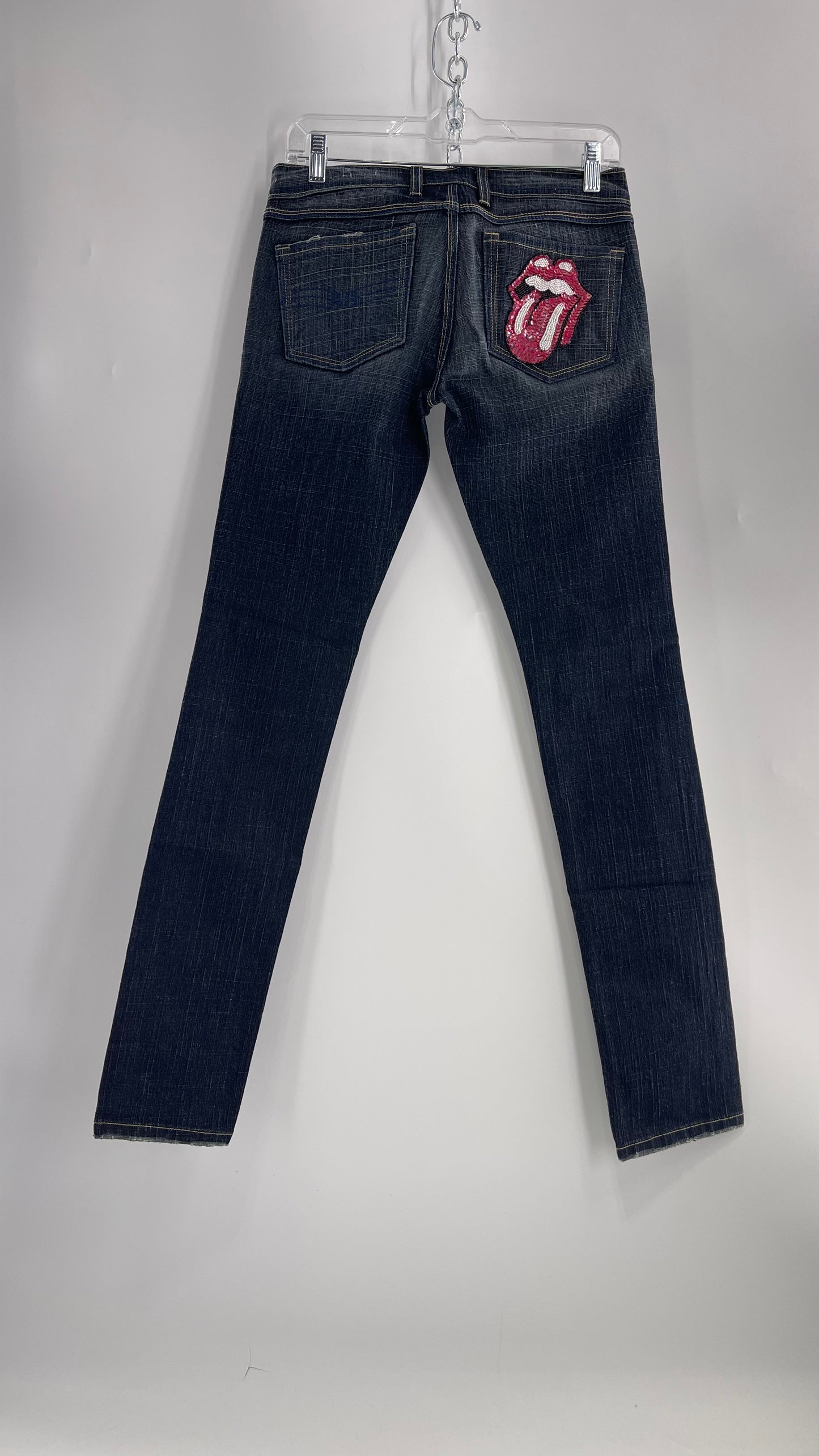 Vintage Smart AS JEANS Dark Wash with Grain and Embroidered/Embellished Kiss Rock Logo (28)