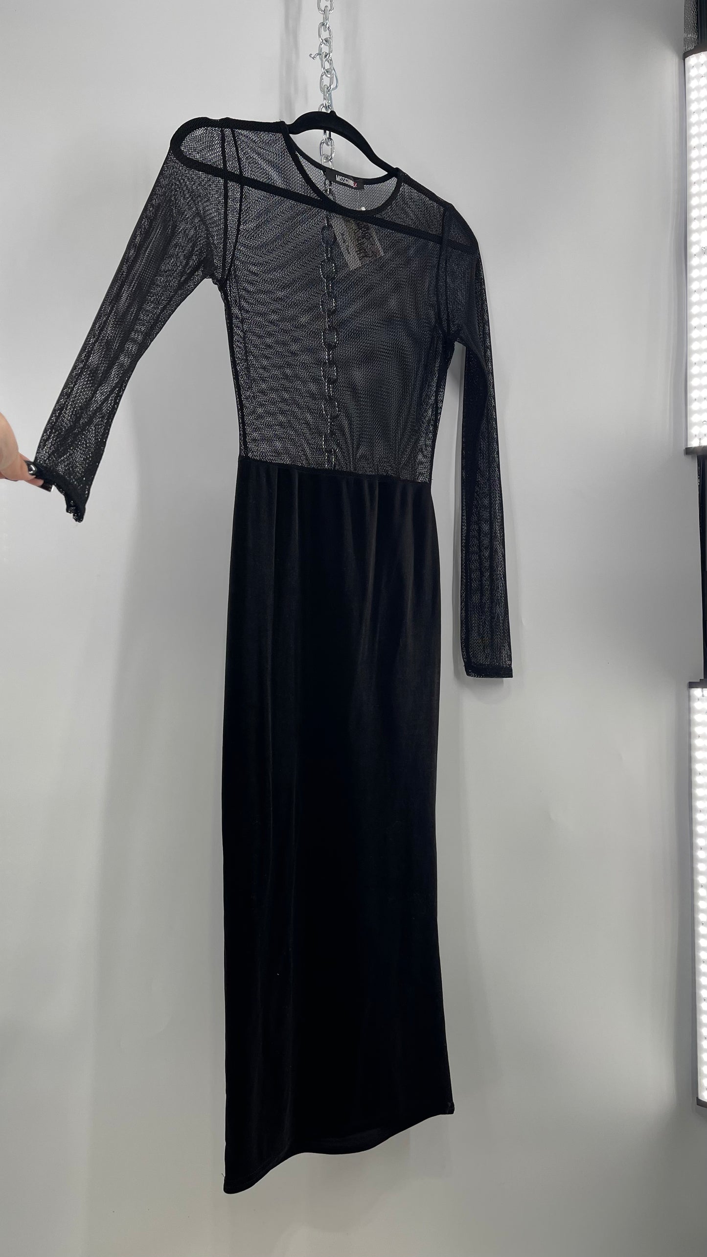MISSGUIDED Black Midi Bodycon with Velvet Skirt and Mesh Bodice (4)