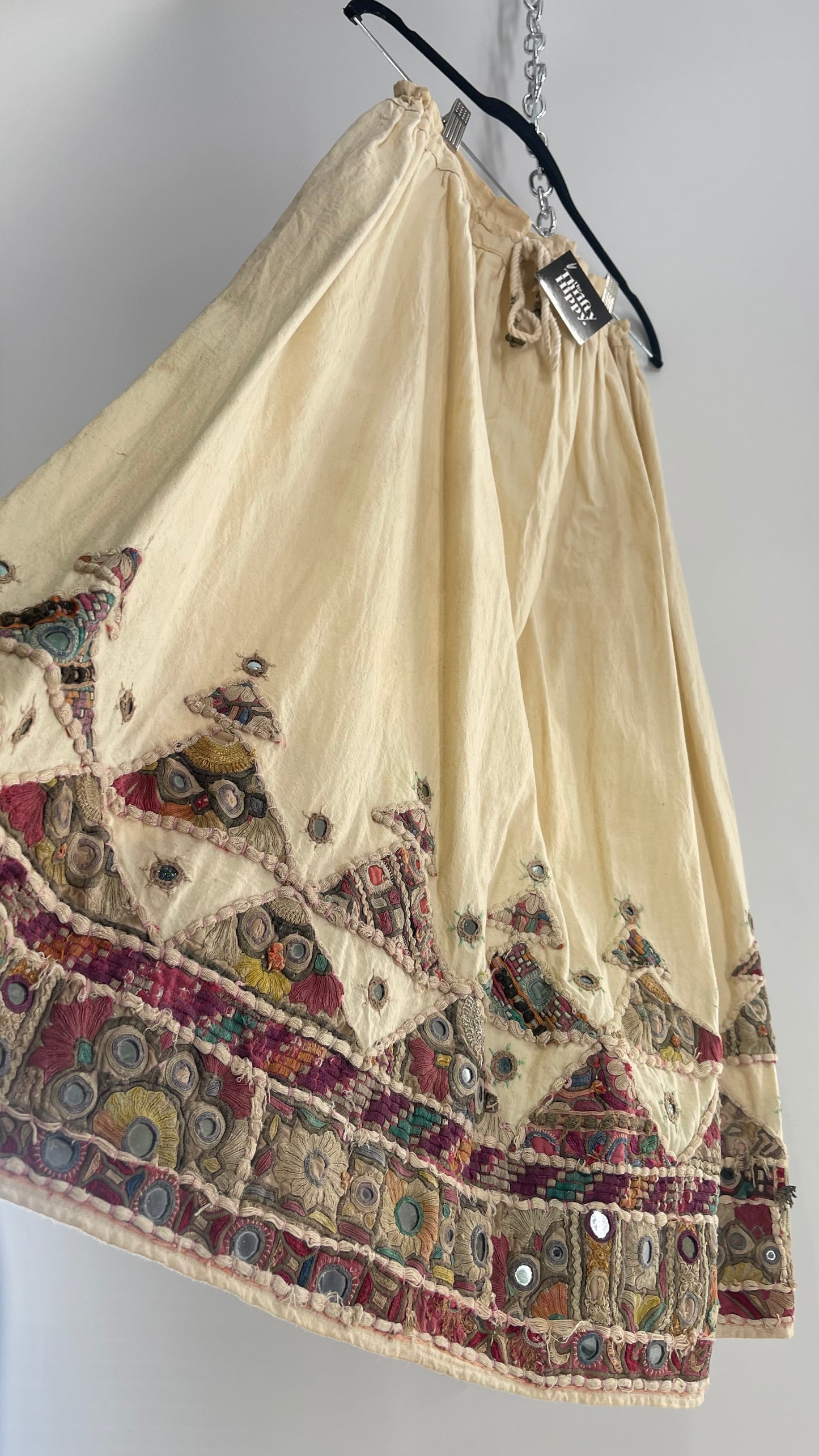 Vintage Imported Hand Stitched Skirt with Embroidered, Patchwork and Mirror Details (S/M Drawstring Waist)