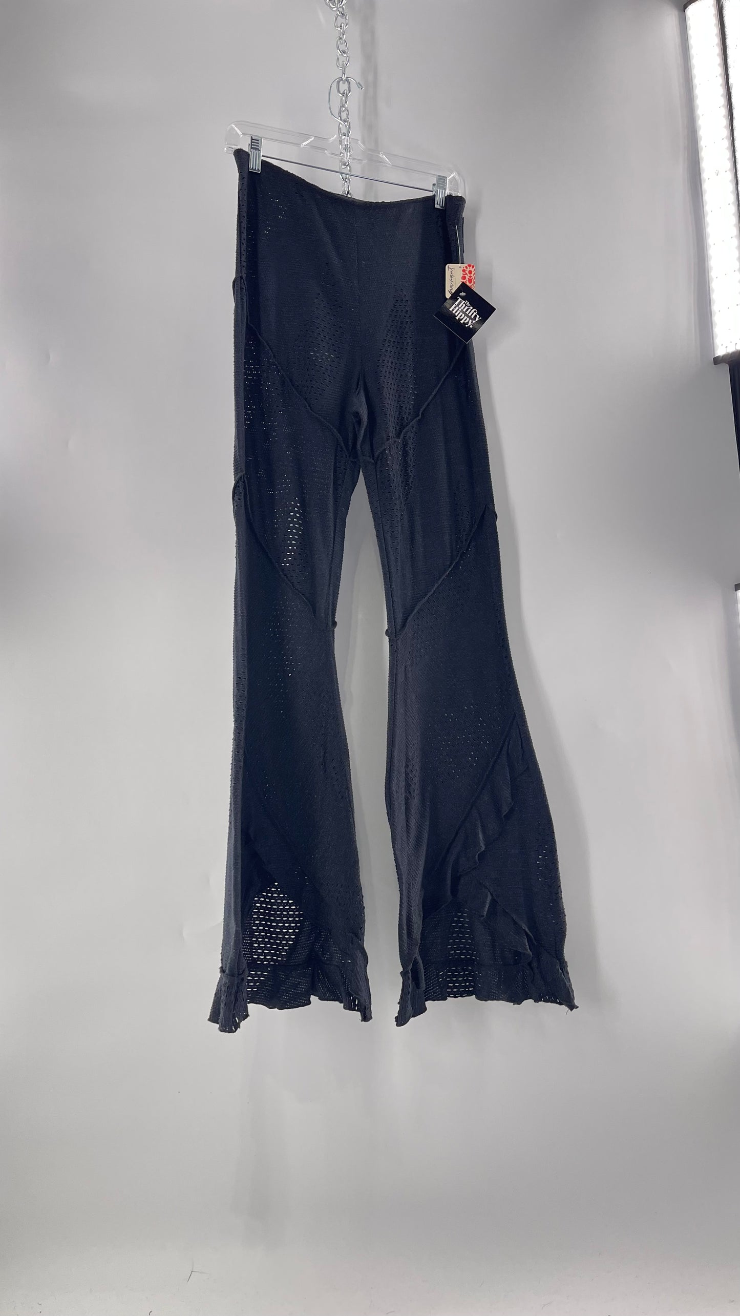 Free People Black Midnight Grey Mixed Pattern Kickflares with High Low Hem, Exposed Seams and Distressing Tags Attached (Medium)