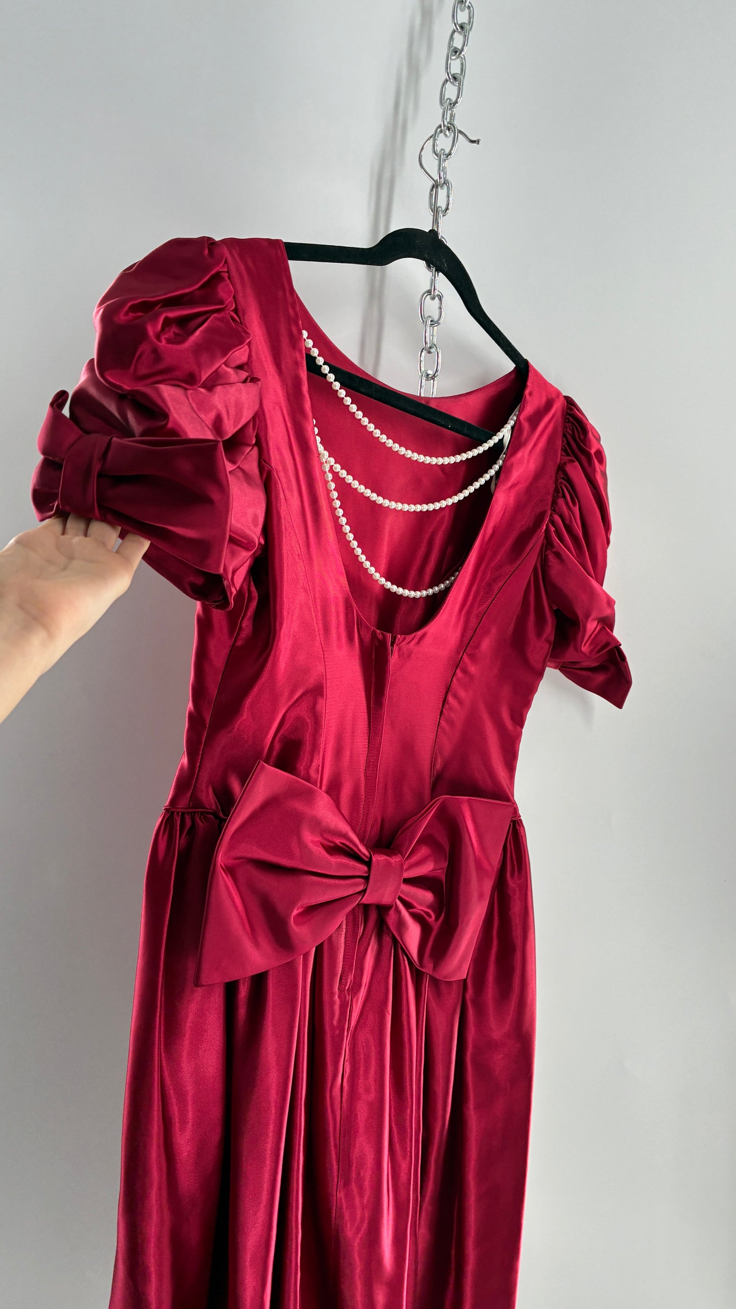 Vintage Red Silky Satin Corset Style Dress with Sweetheart Neckline, Puff Sleeves, Oversized Bow Bum, Open Back and Draping Pearls (10P)