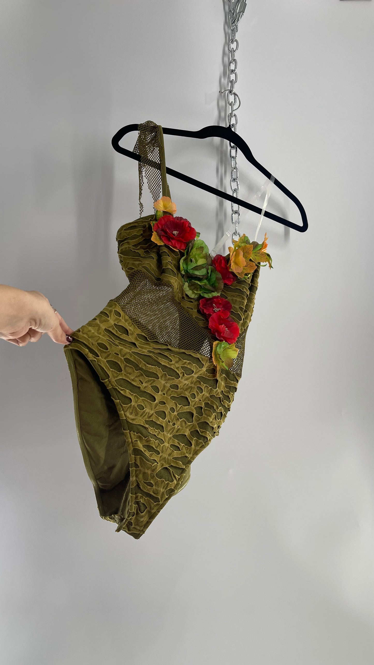 Vintage Fairy Nature Nymph Bodysuit with Flower Appliqués (S/M)