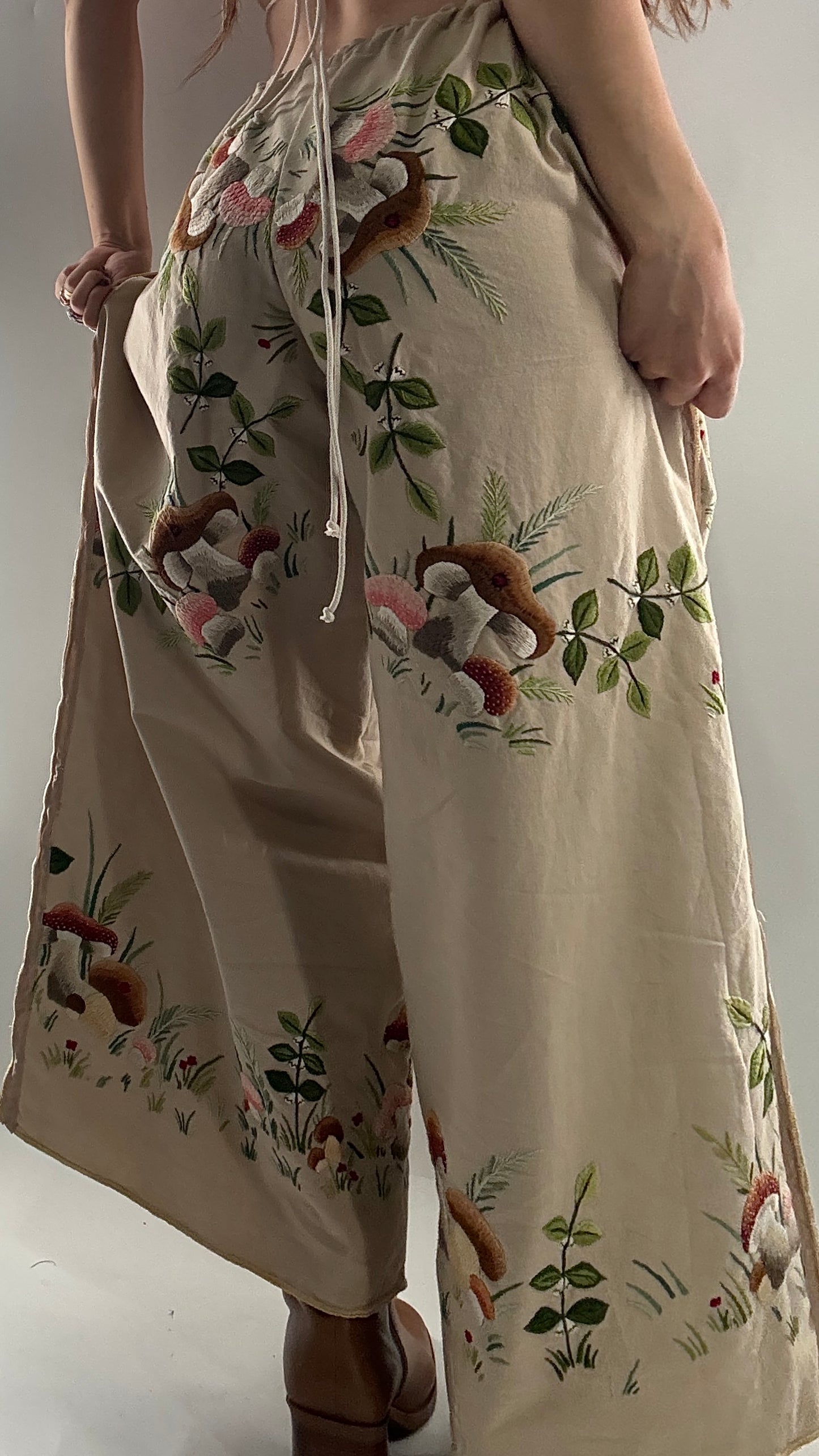 Vintage Custom Handmade and Hand Embroidered Two Piece Set with Mushrooms, Vines, and Ladybugs (XS-L)