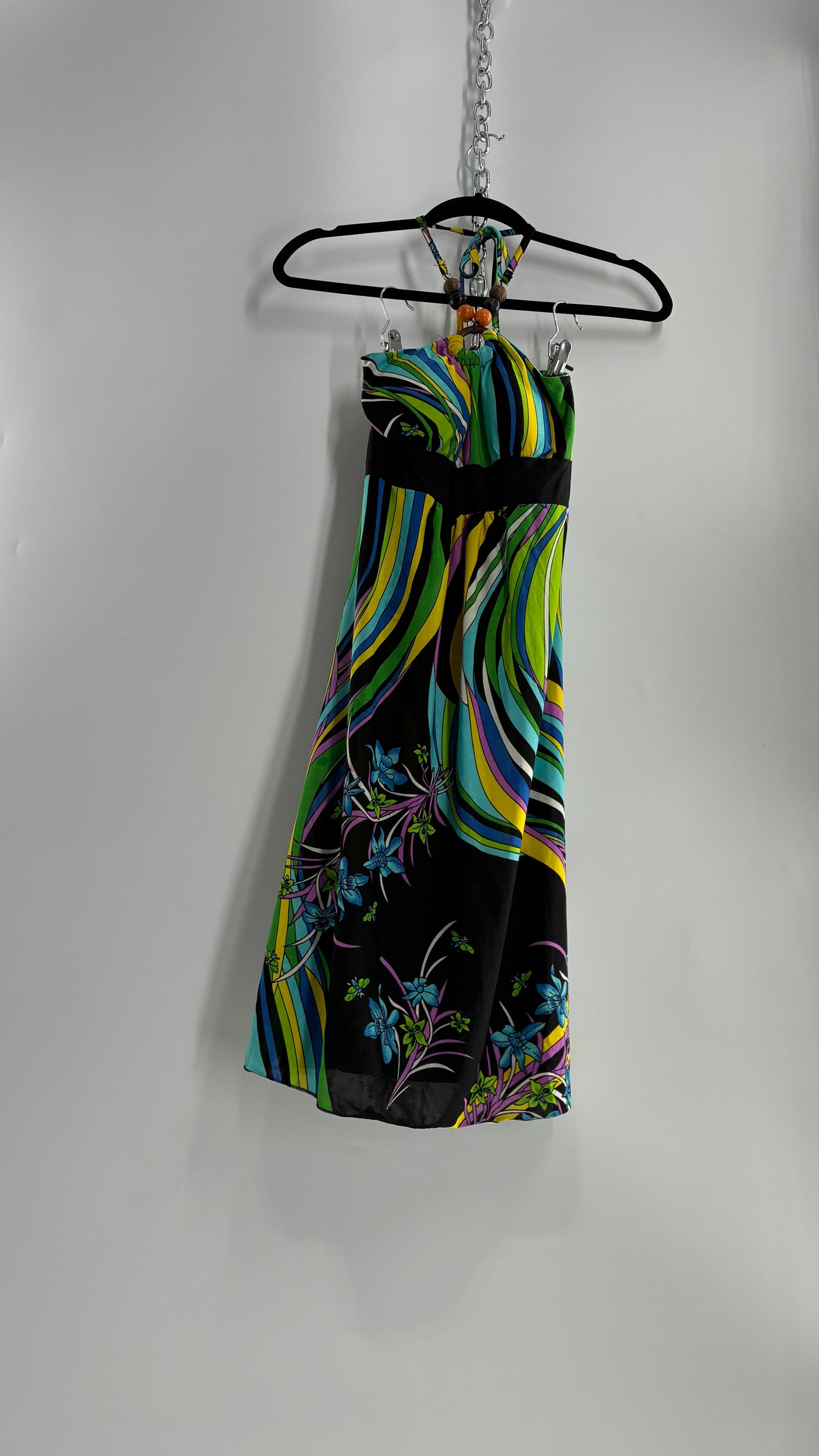 Vintage 1990s Halter Contrast Swirl Dress with Beaded Choker and Built in Bust Padding (Small)