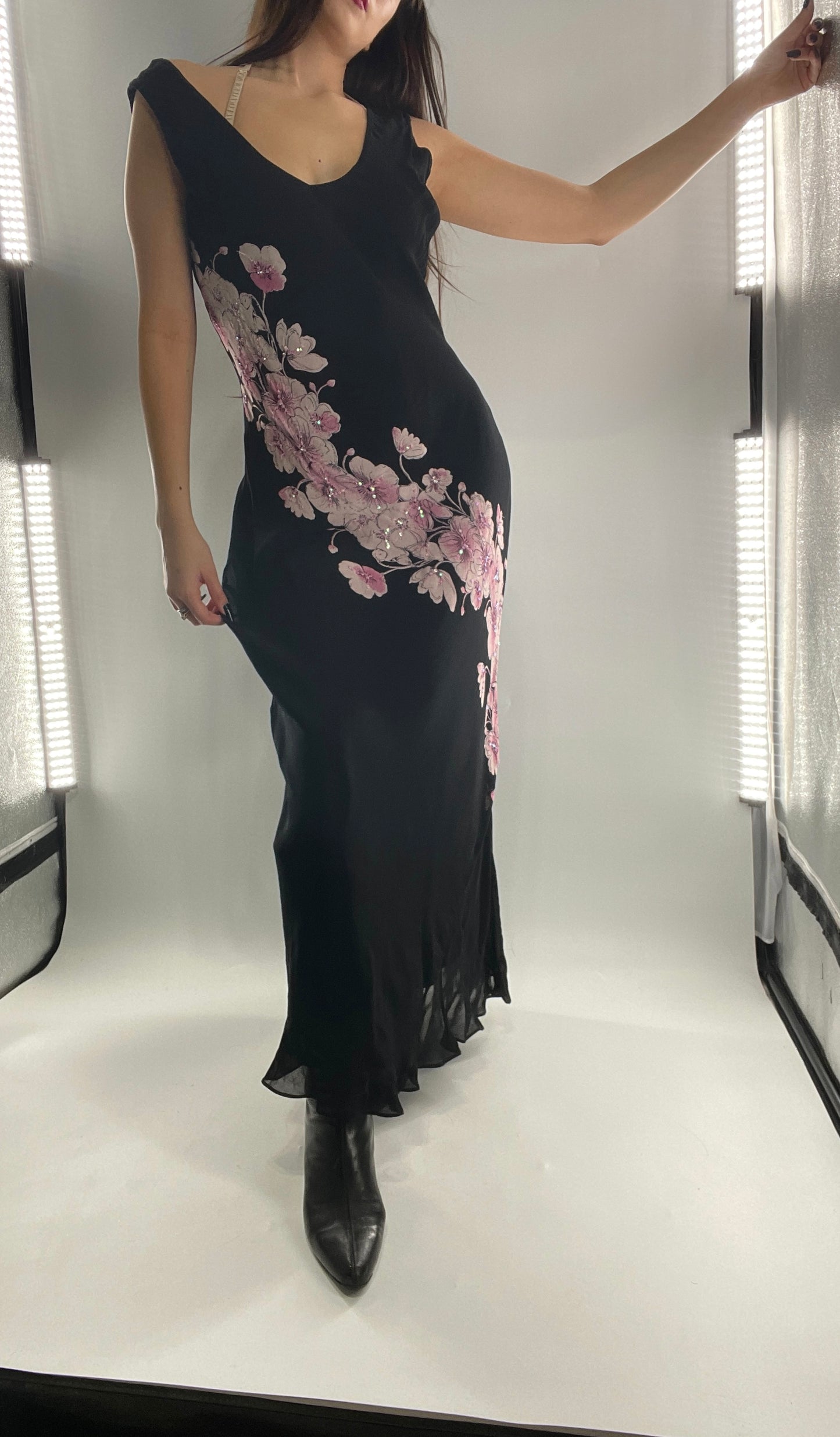 Vintage Dress Barn Black Slinky Maxi Dress with Pink Floral Graphic and Sequins (L)