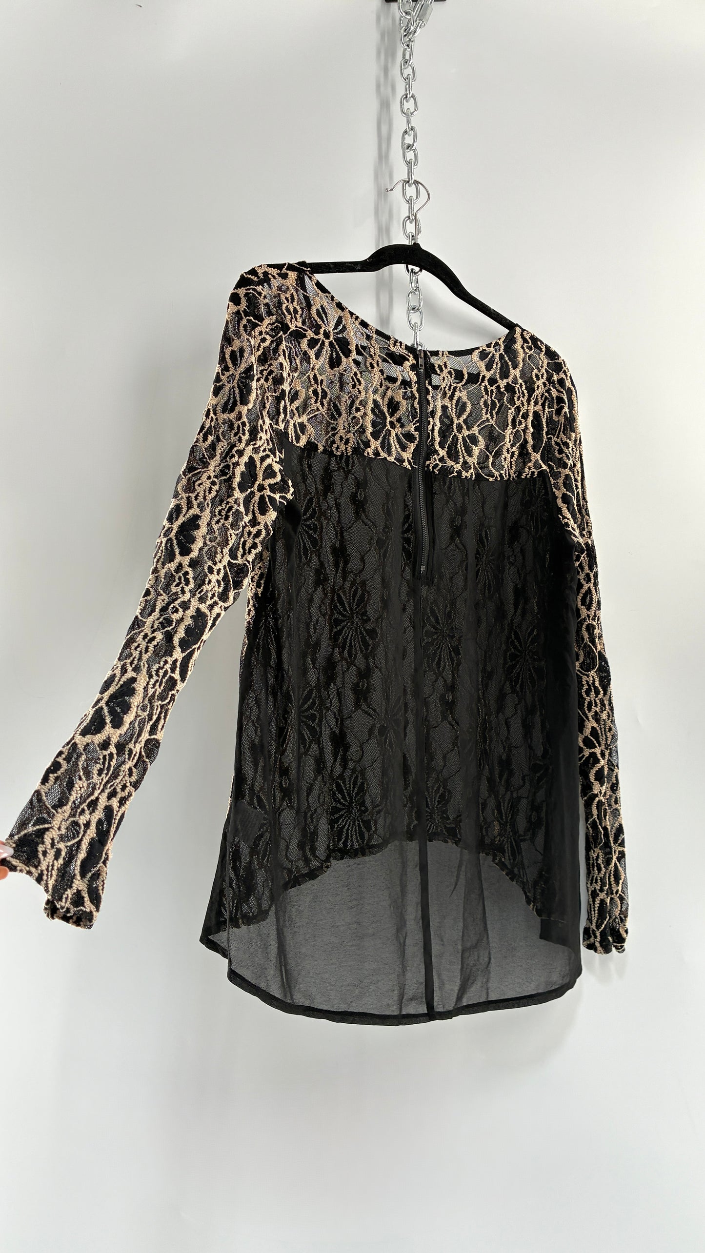 Vintage Black Lace Blouse with Sheer Back (XL)
