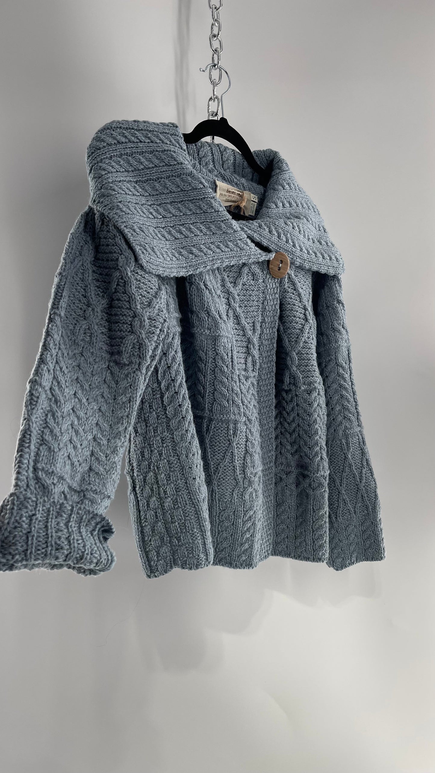 Authentic Irish Aran Sweater Market Slate Blue Aran Stitch Sweater with Oversized Wooden Button Detail and Certificate of Authenticity (Small)