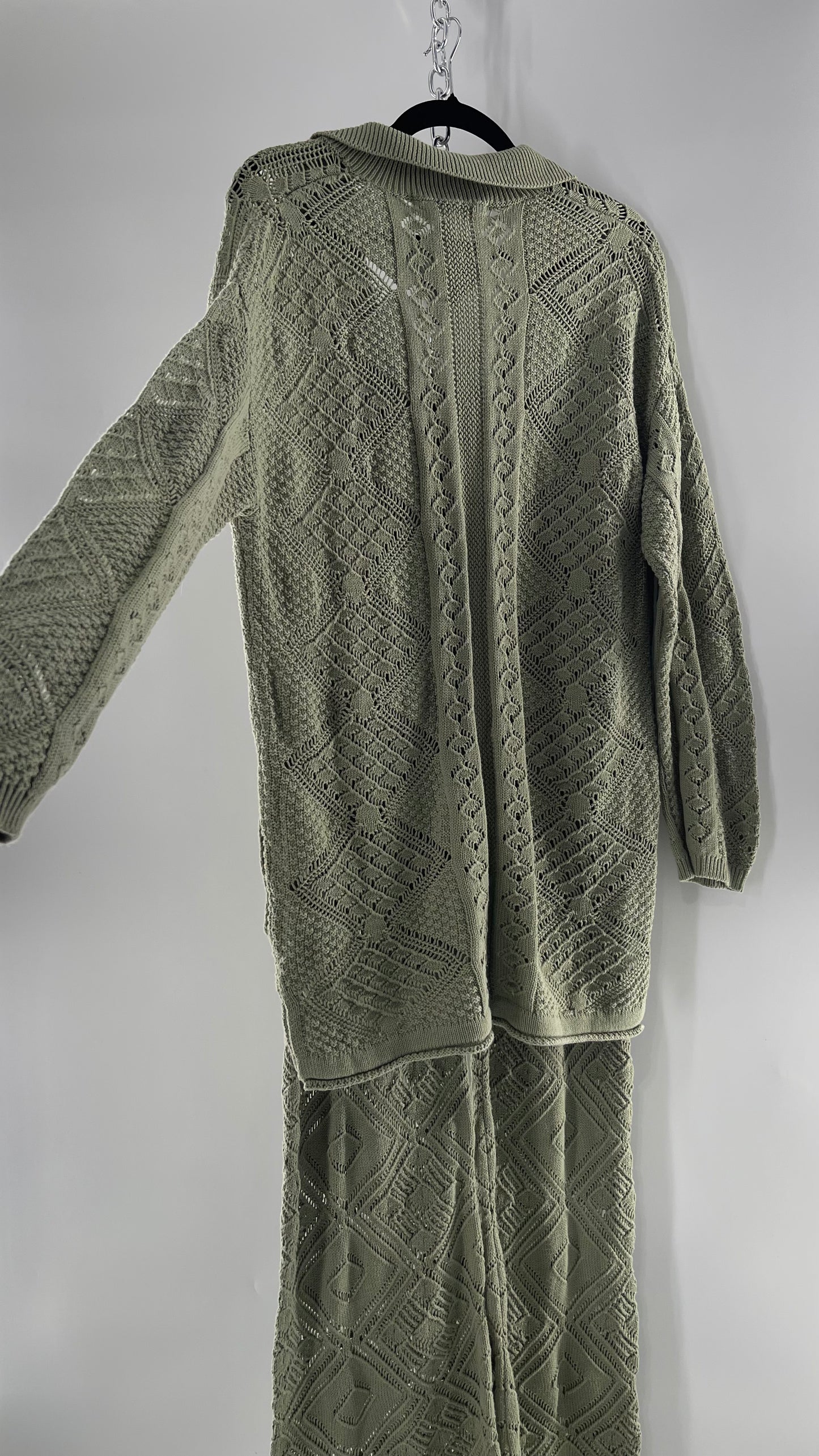 Free People Beach Sage Green Crochet Wooden Button Front Cardigan and Wide Leg Set (Medium)