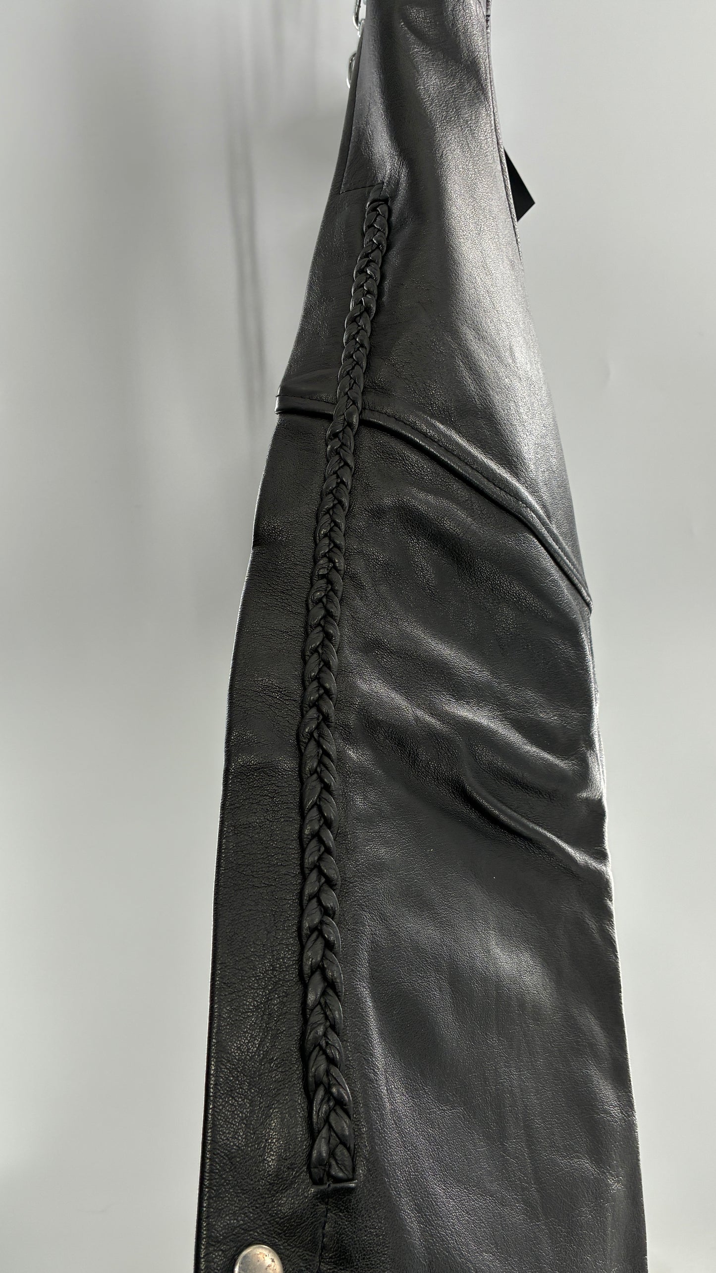 Vintage AMERICAN LEATHER Black Motorcycle Chaps/Pants with Mini Pocket, and Side Zipper Detailing (XS)