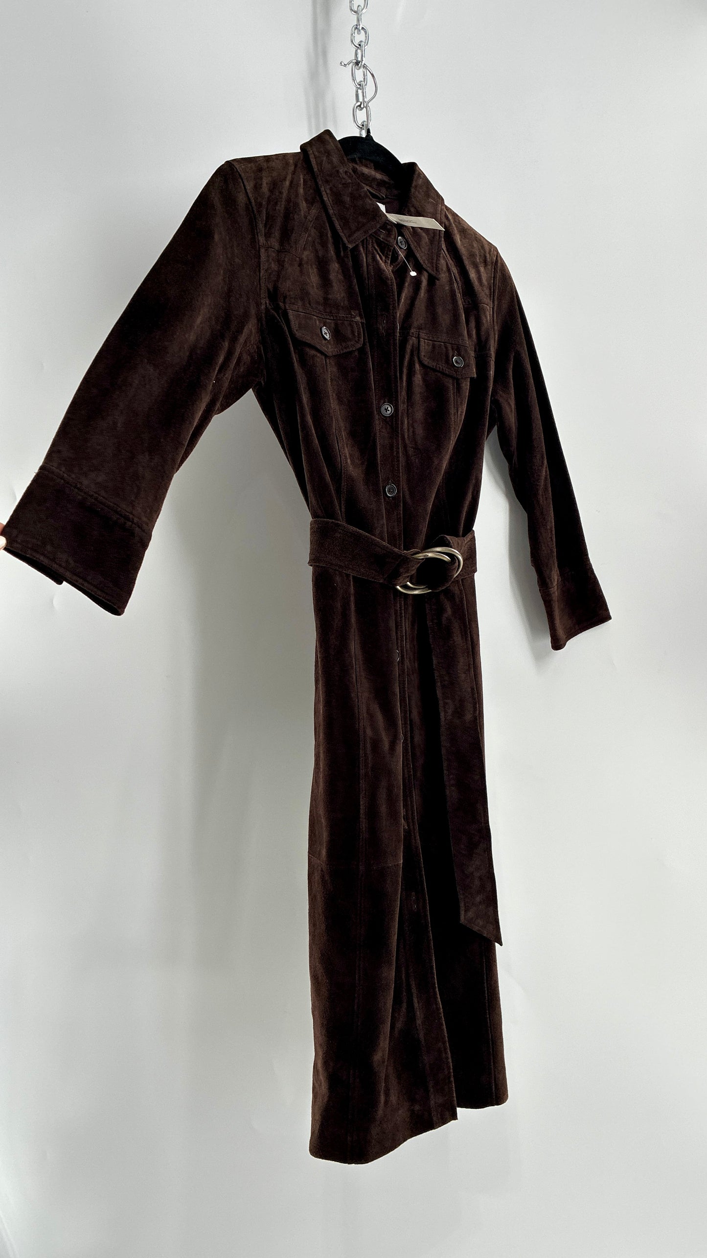 Vintage LOFT Brown Suede Leather Button Front, Belted Midi Dress with Tags Attached (4)