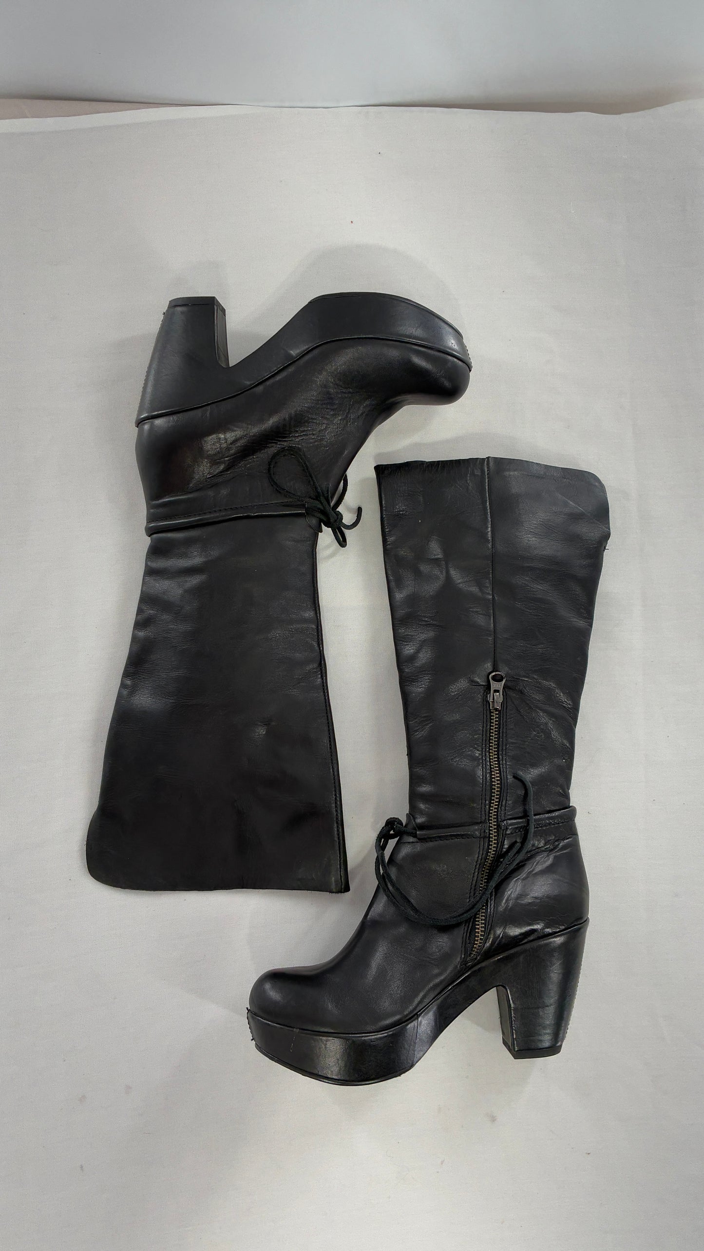 Vintage KORK EASE Black Genuine Leather Platform Clog, Knee High Boots (8/39)