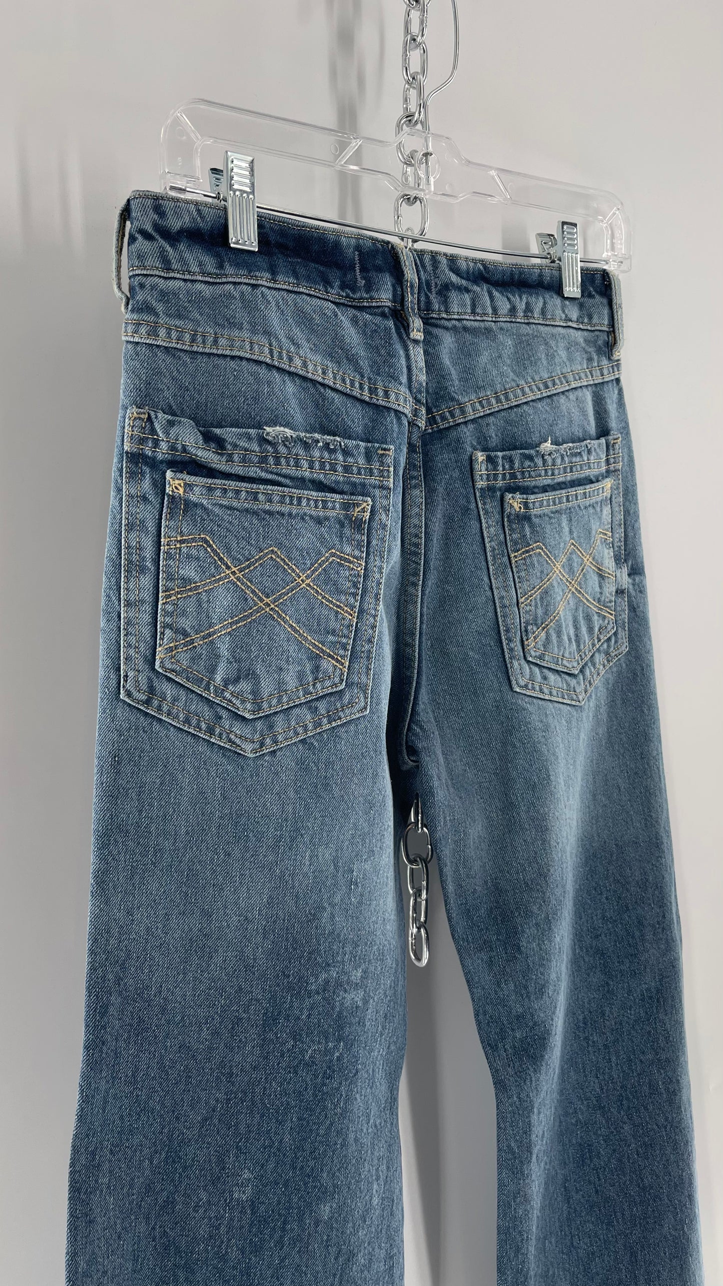 Free People Light Wash Straight Leg Jeans with Distressed Hem, Double Pockets and White Paint with Tags Attached (25)