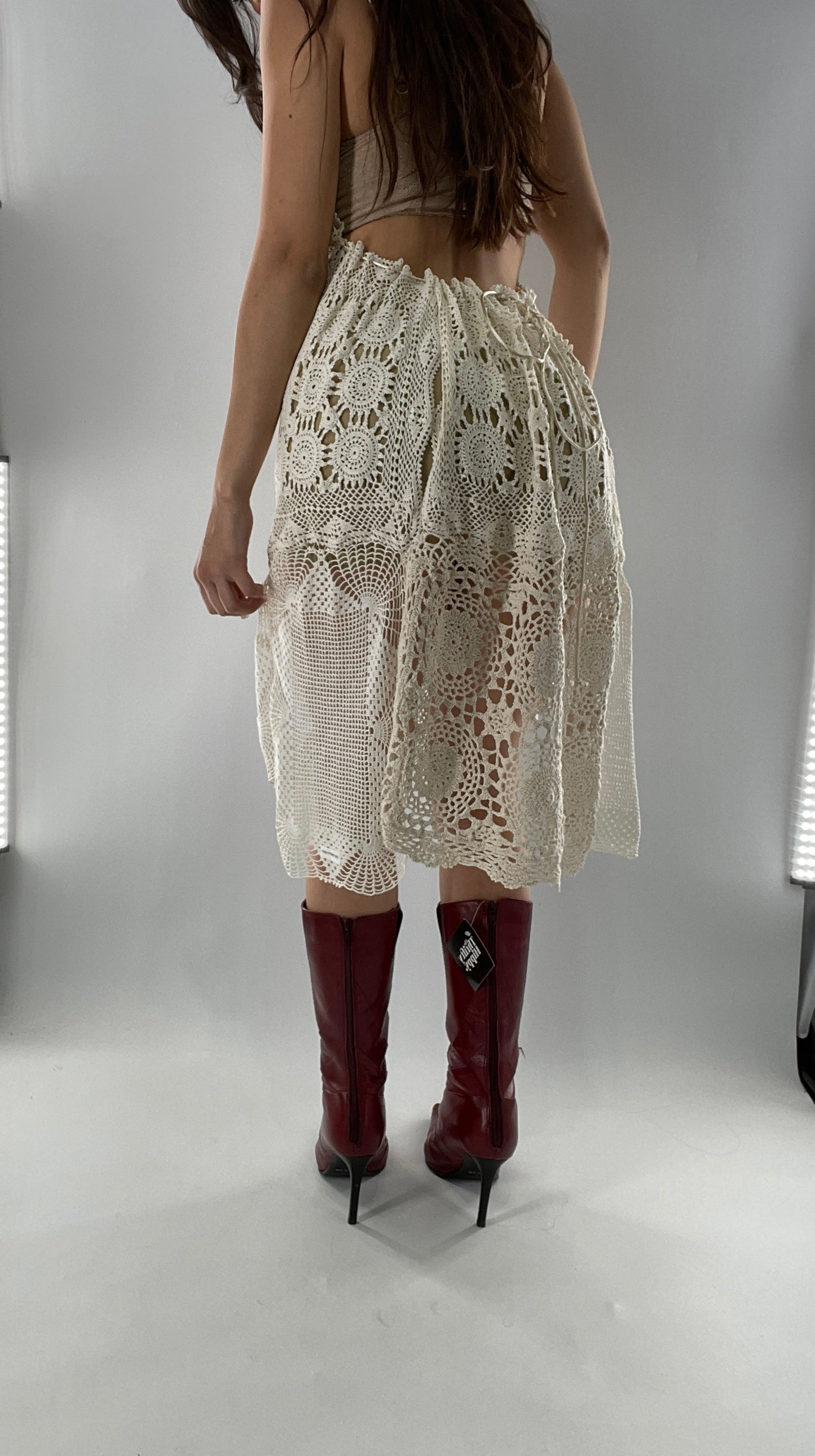 Vintage Handmade Crochet Cottage Adjustable Dress with Open, Low Back (One Size)