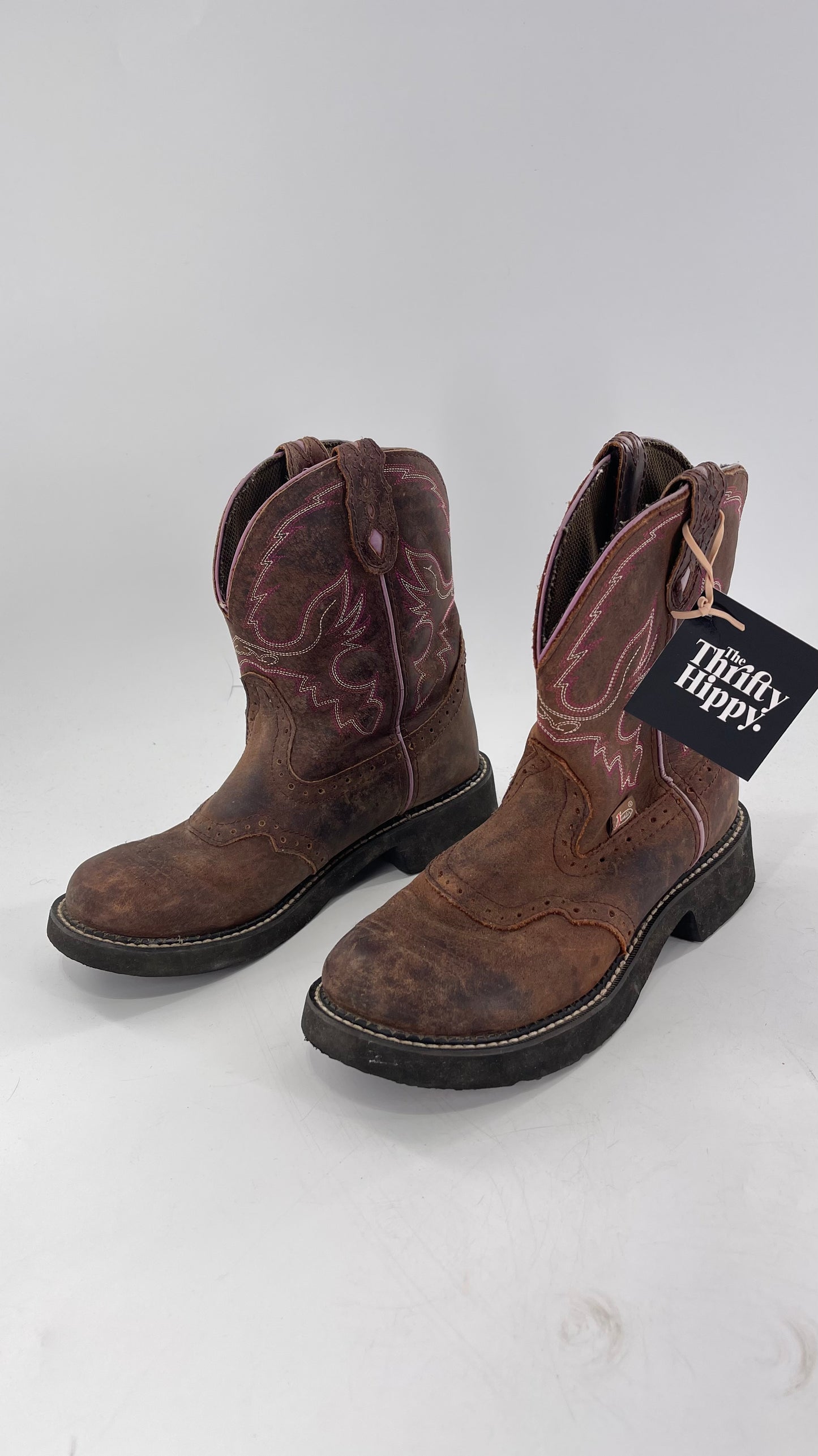 Justin Gypsy Edition Brown Leather Short Cowboy Boot with Pink Embroidery/Stitching (9)